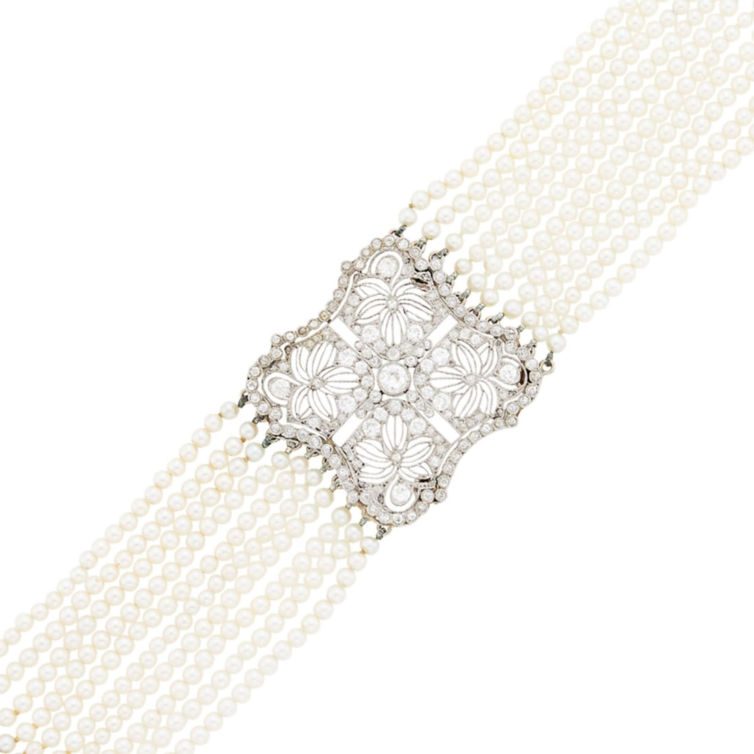 Multistrand Cultured Pearl, Platinum, White Gold, and Diamond Choker Necklace: 14 kt., ten strands, pearls ap. 3.1 to 2.5 mm., one old European-cut diamond ap. .25 ct., old European-cut and old-mine cut diamonds ap. 2.50 cts., bar clasp of 13 round diamonds ap. .25 ct., center p