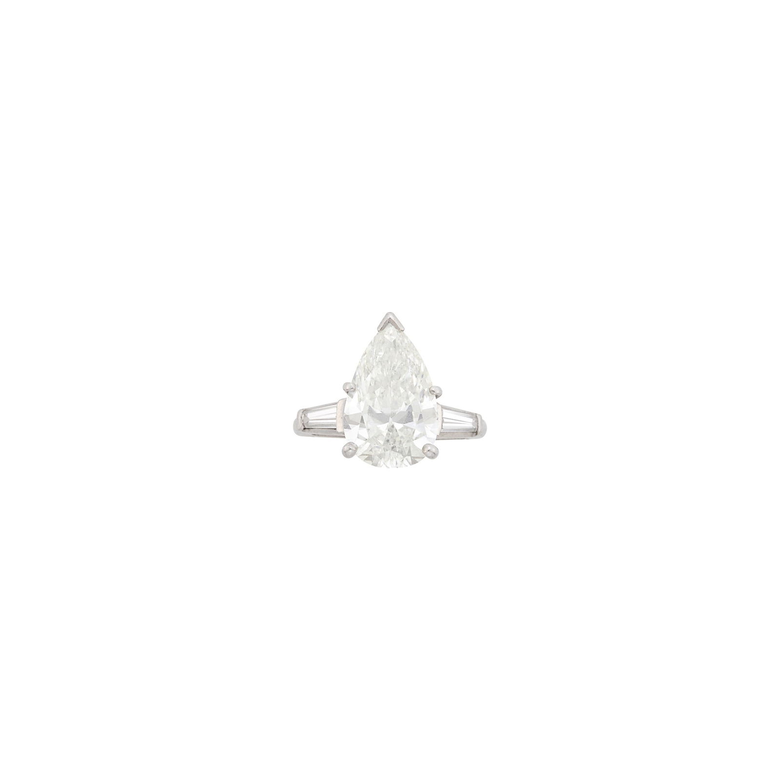 Platinum and Diamond Ring: One pear-shaped diamond weighing 4.51 cts., 2 tapered baguette diamonds. Size 5. With GIA report no. 2233855423 stating K color, SI2 clarity. Diamond: K-SI2, no fluorescence.