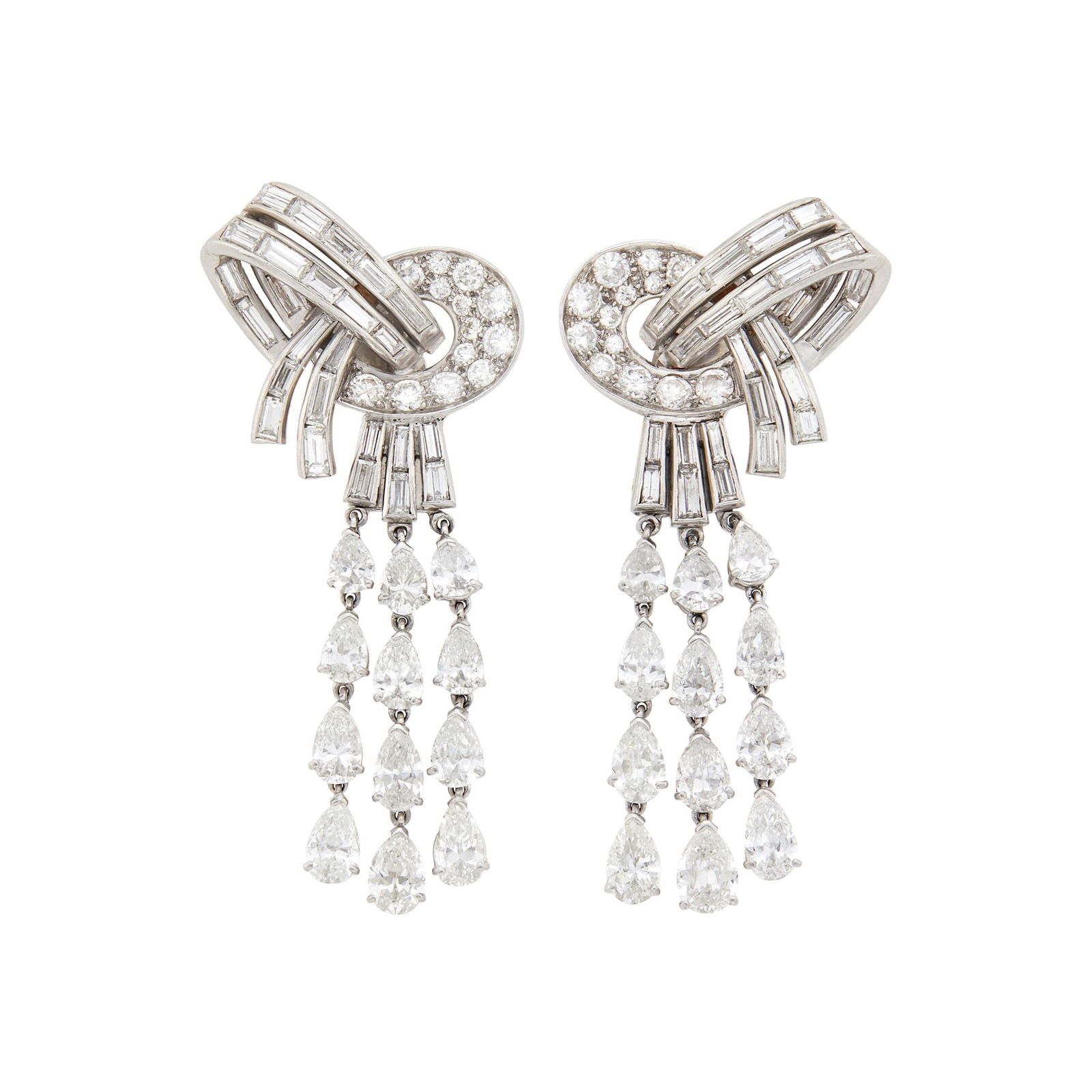 Pair of Platinum and Diamond Pendant-Earrings: 26 round and 52 baguette diamonds ap. 3.50 cts., 24 pear-shaped diamonds ap. 5.50 cts., ap. 16 dwts. Diamonds: G-H-I-VS.Posts and clip-backs. 2 1/8 x 7/8 inches.