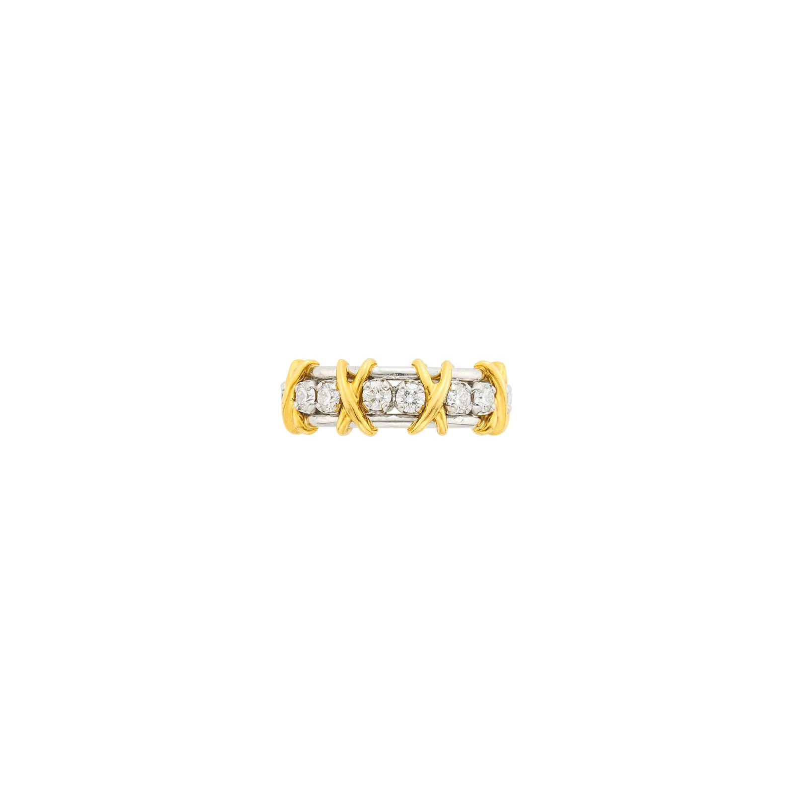 Tiffany & Co., Schlumberger Platinum, Gold and Diamond 'X' Band Ring: 18 kt., 16 round diamonds ap. 1.60 cts., signed Tiffany & Co., Schlumberger Studios, ap. 6.3 dwts. Size 6 1/4. Diamonds: G-H-VS. Width 5/16 inch.