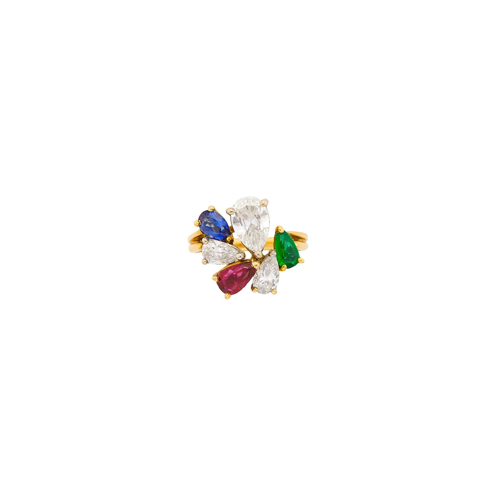 Oscar Heyman & Brothers Gold, Platinum, Diamond and Colored Stone Ring: 18 kt., one pear-shaped diamond weighing 1.03 cts., 2 pear-shaped diamonds ap. .75 ct., one pear-shaped ruby, emerald and sapphire, with maker's mark, no. 24865, ap. 3.8 dwts. Size 4 1/4.With GIA