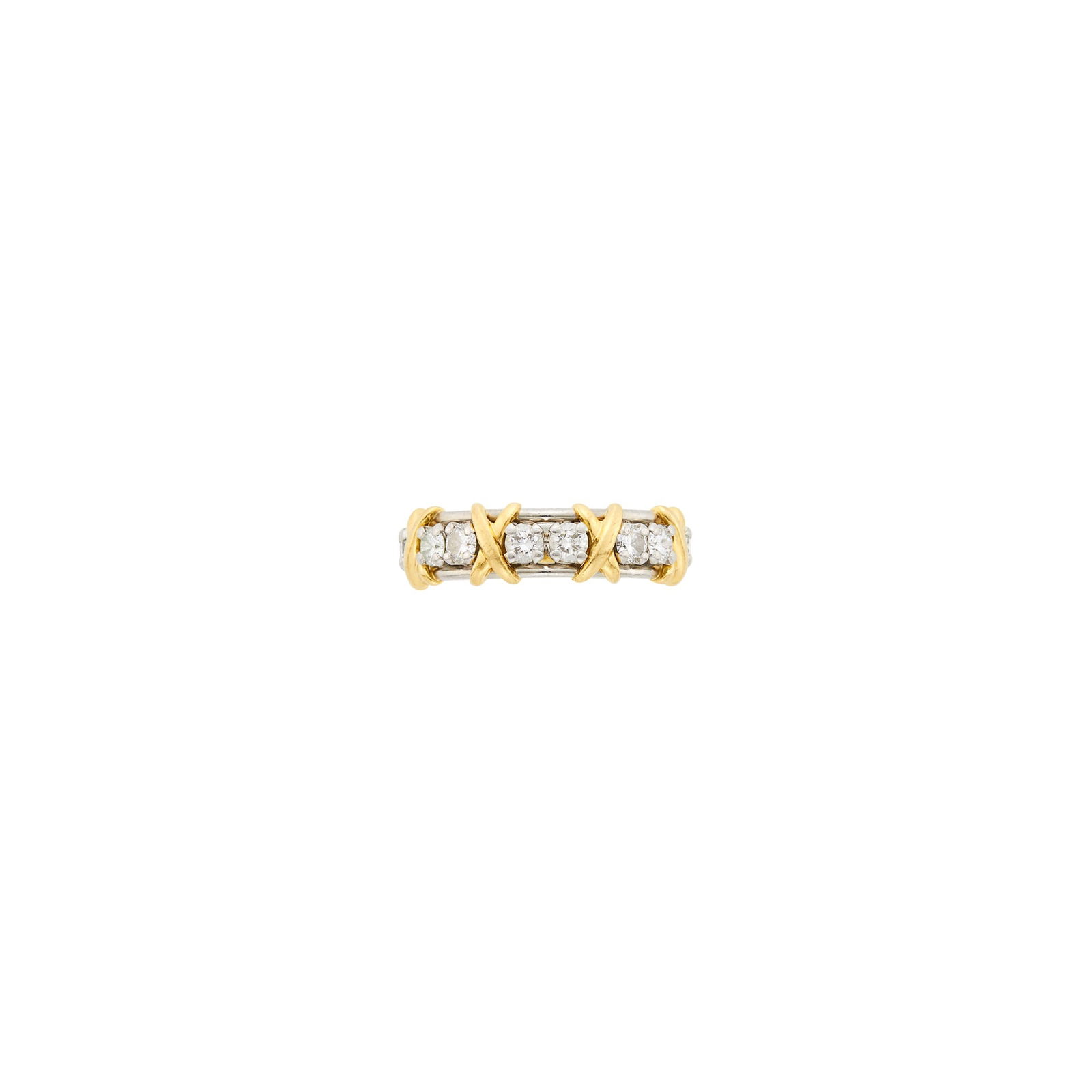 Tiffany & Co., Schlumberger Platinum, Gold and Diamond 'X' Band Ring: 18 kt., 16 round diamonds ap. 1.30 cts., signed Tiffany & Co., Schlumberger, ap. 4 dwts. Size 6. Diamonds: G-H-VS. Width 3/16 inch.