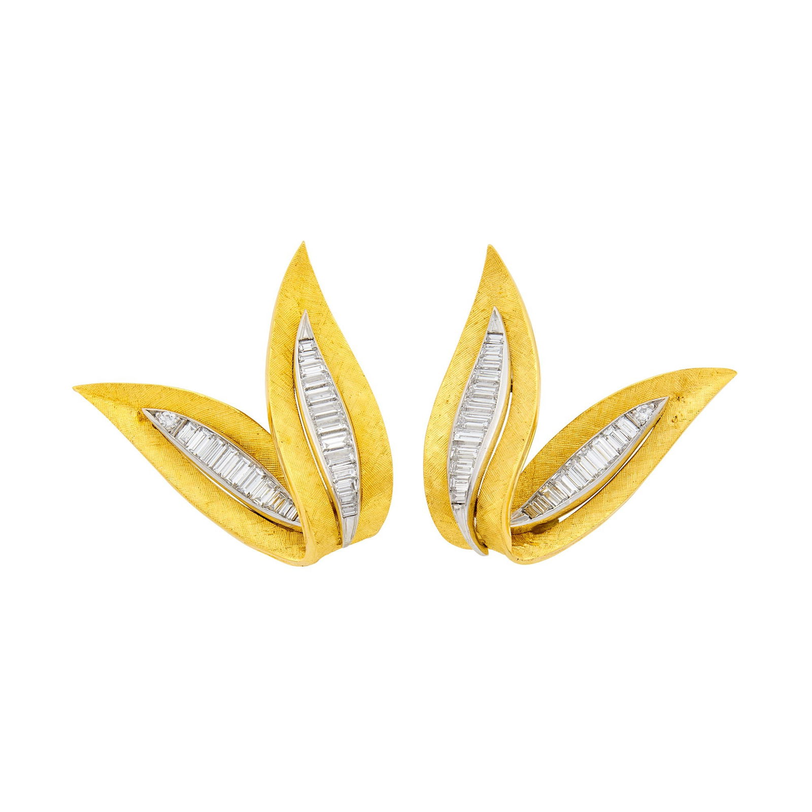 Pair of Gold, Platinum and Diamond Earclips: 2 round and 46 baguette and tapered baguette diamonds ap. 1.70 cts., ap. 14.4 dwts. Test as 18 kt.Diamonds: H-I-VS.Clip-backs. 1 1/4 x 1 inches.