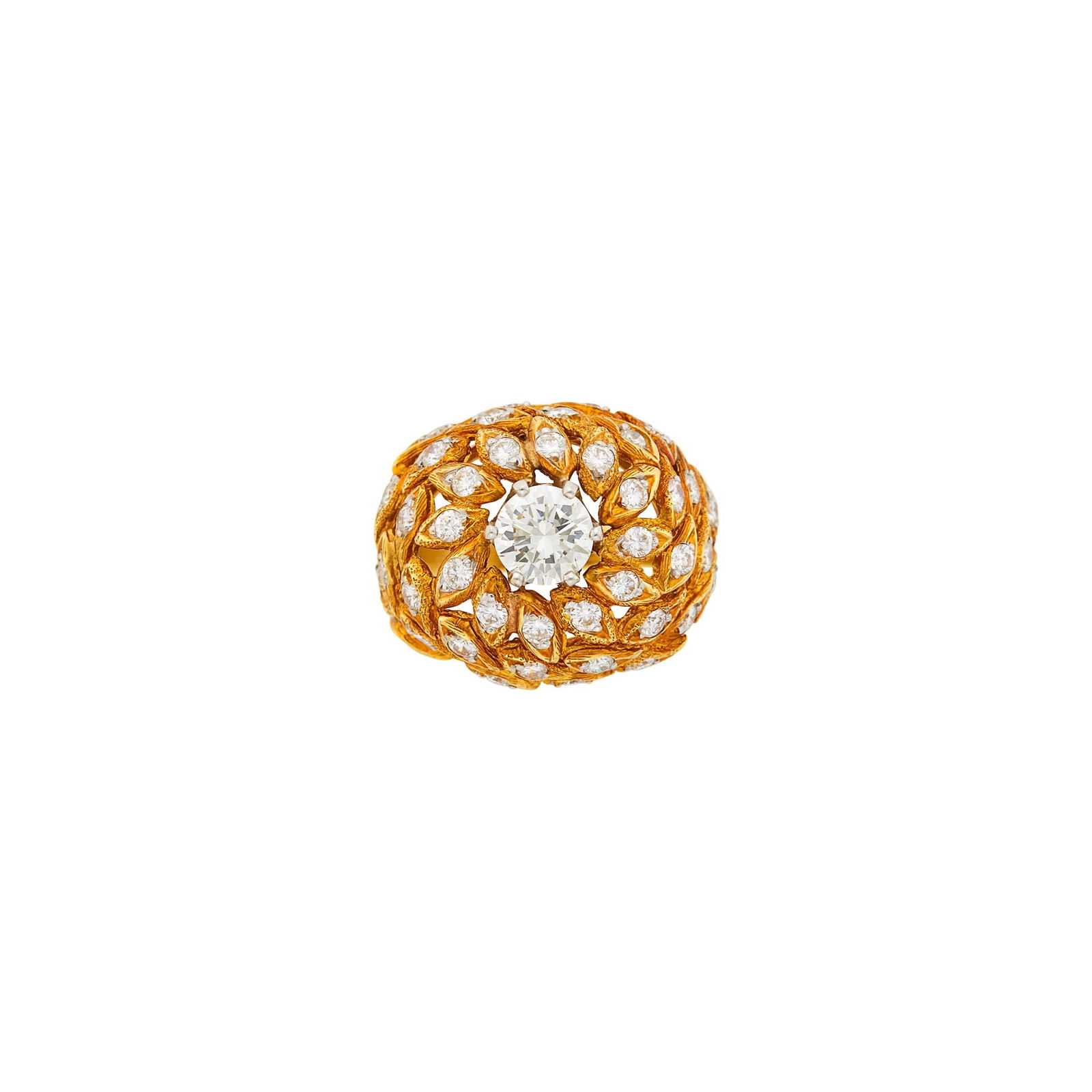 Two-Color Gold and Diamond Dome Ring: Yellow and white gold, one round diamond ap. 1.05 cts., 43 round diamonds ap. 1.85 cts., ap. 8.6 dwts. Size 7 3/4. Center diamond: I-J-VS.Diamonds: H-I-VS.Rosy patina to gold.Width 3/4 inch.