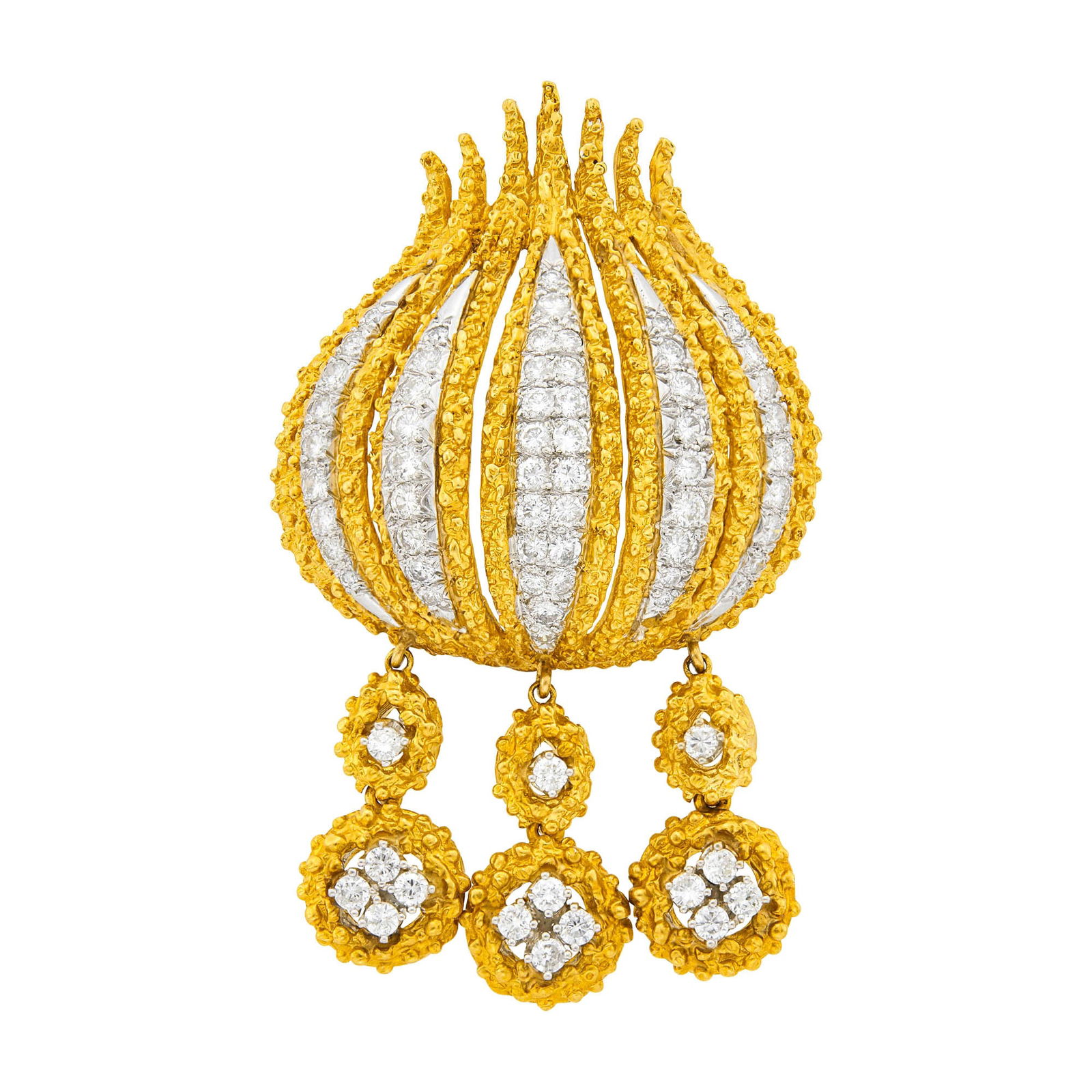 Two-Color Gold and Diamond Fringe Brooch: 18 kt. yellow and white gold, 71 round diamonds ap. 2.65 cts., ap. 20.4 dwts. Diamonds: G-H-VS, several SI.2 9/16 x 1 9/16 inches.
