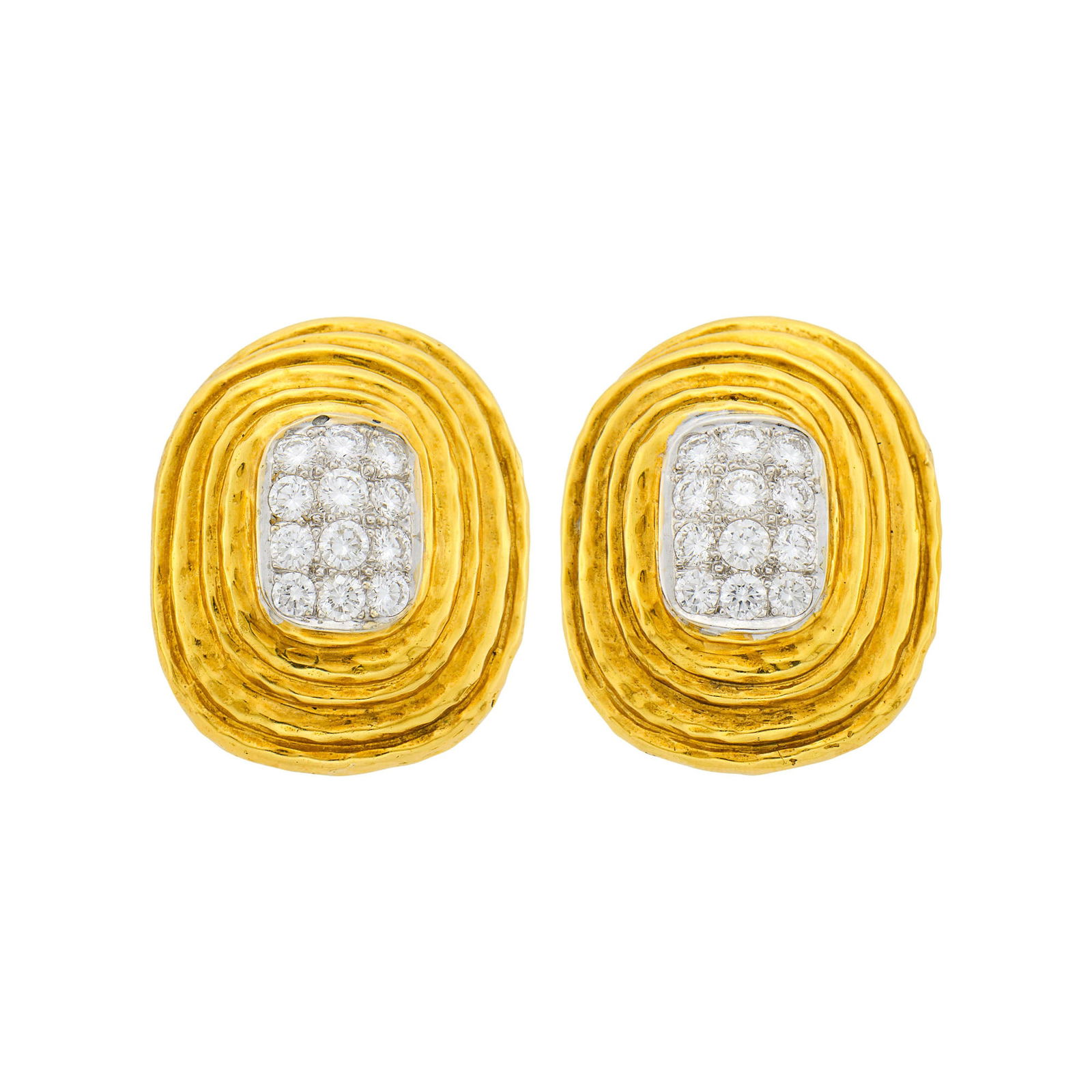 Pair of Two-Color Gold and Diamond Earclips: Hammered gold, white gold, 24 round diamonds ap. 3.35 cts., nos. 15785 and 86273, ap. 23.8 dwts. Test as 18 kt. Diamonds: G-H-I-VS, several SI. Clip-backs. 1 3/8 x 1 1/16 inches.