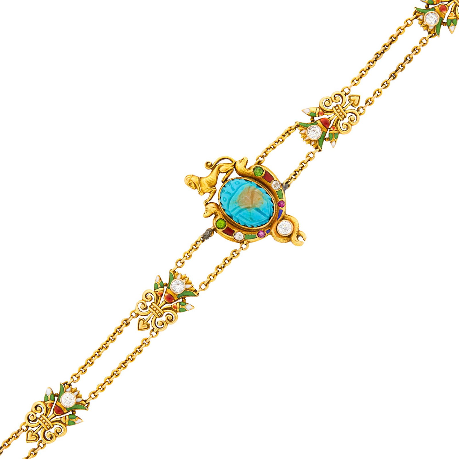 Egyptian Revival Gold, Turquoise Scarab, Diamond and Enamel Bracelet (1 of 2)