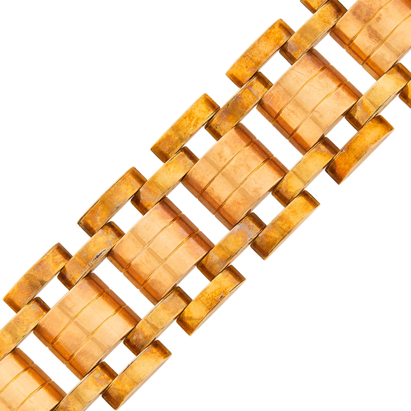 Wide Two-Color Gold Bracelet: 14 kt. yellow and rose gold, c. 1940, ap. 59.7 dwts. Length 7 3/4 inches. Width 1 1/4 inches.