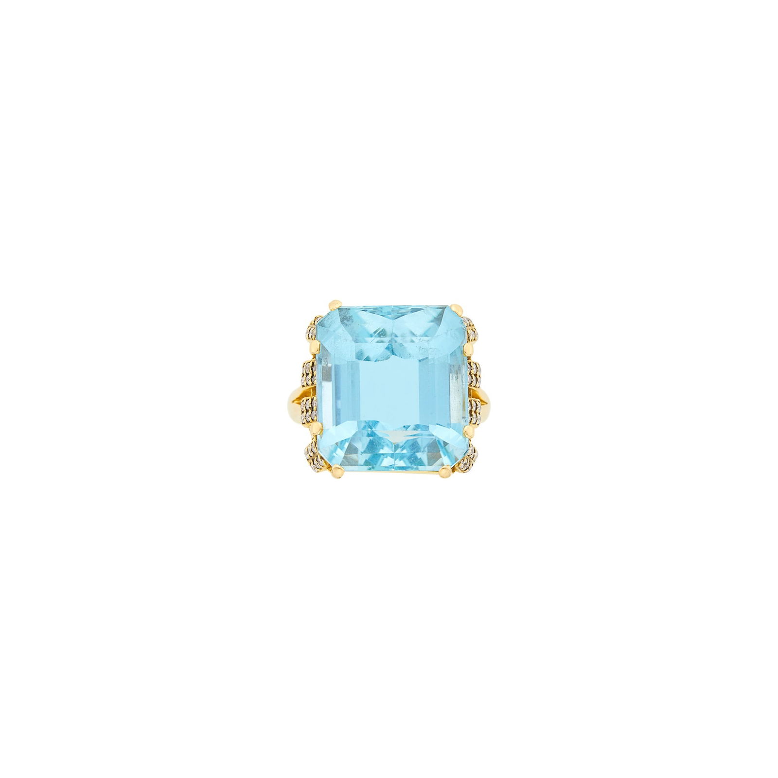 Gold, Aquamarine and Diamond Ring: 18 kt., one step-cut emerald-cut aquamarine ap. 15.45 cts., 48 small round diamonds, ap. 7 dwts. gross. Size 6 1/2. Aquamarine: medium sky blue, cleanish, several light scratches on table, minor abra