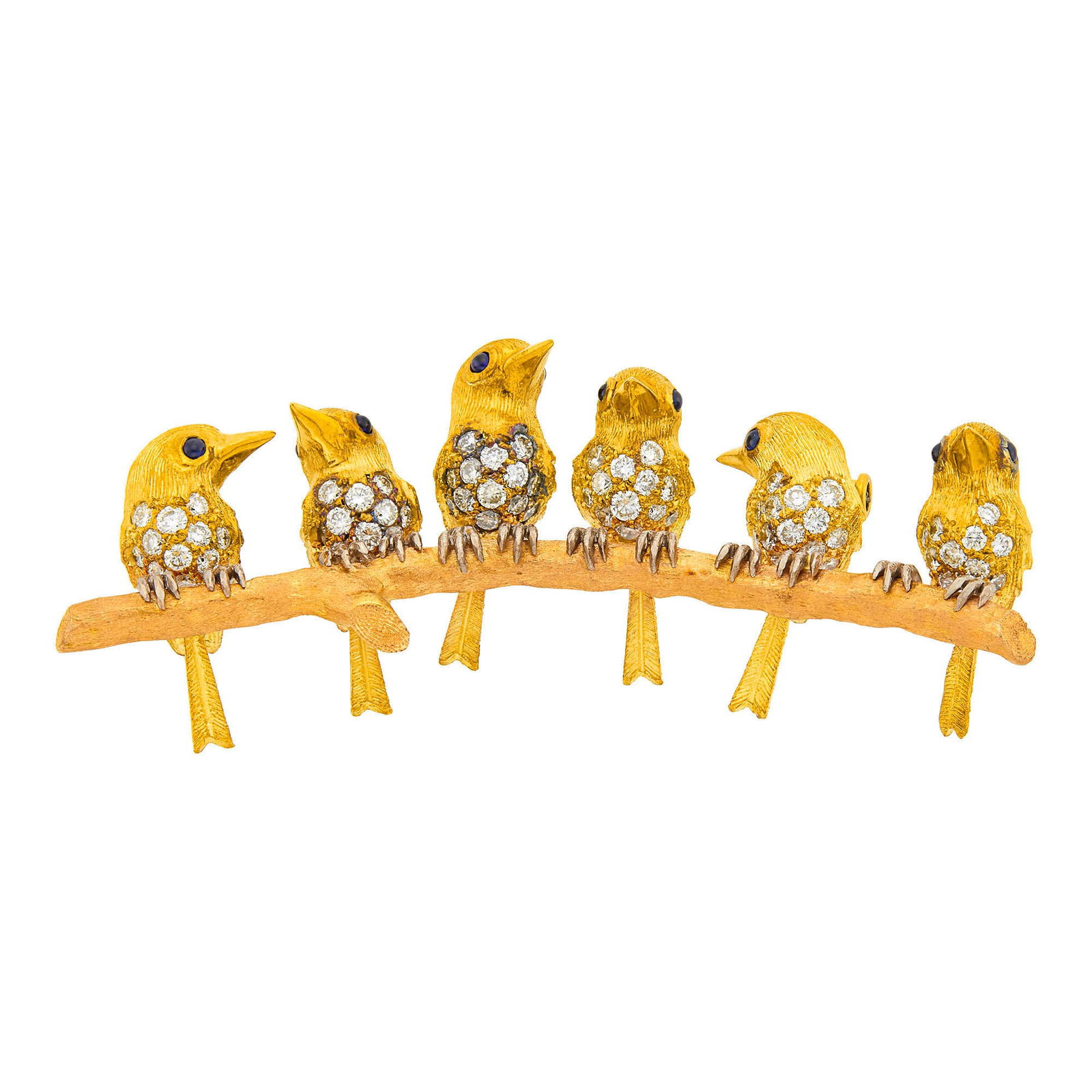 Two-Color Gold, Diamond and Sapphire Birds on Branch Brooch: Yellow, rose and white gold, round diamonds ap. 1.90 cts., small round cabochon sapphire eyes, ap. 20.6 dwts. Tests as 18 kt. Diamonds: H-I-VS. Some minor rosy patina. 2 5/8 x 3/4 inches.