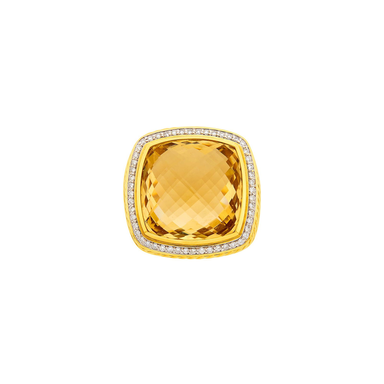 David Yurman Two-Color Gold, Citrine and Diamond Ring: 18 kt. yellow and white gold, one cushion-shaped rose-cut faceted cabochon citrine ap. 20.0 x 20.0 x 10.0 mm., small round diamonds, signed DY, ap. 23.8 dwts. Size 7 1/2. Citrine: light yellow, clean