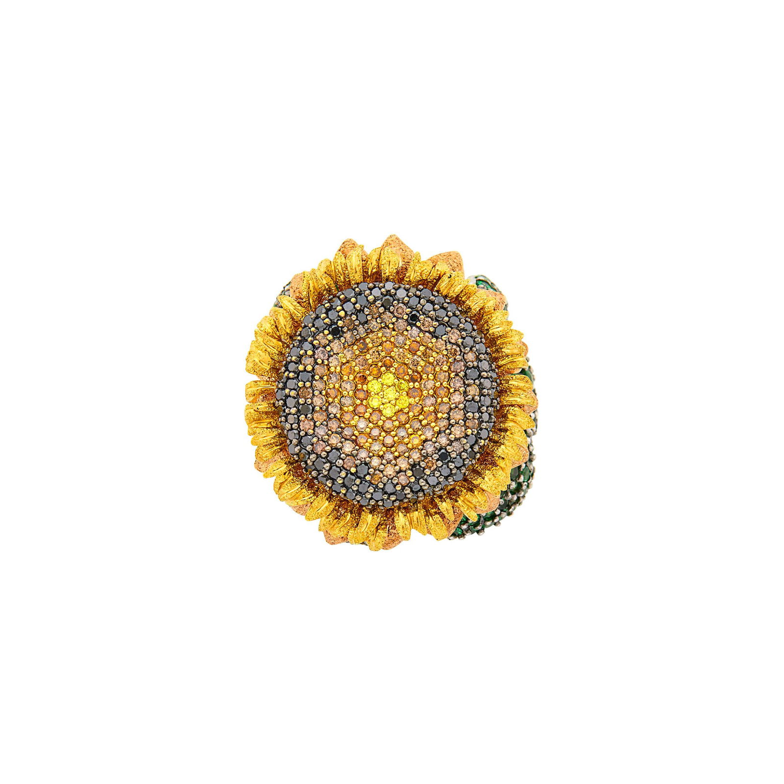 Alex Soldier Tricolor Gold, Colored Diamond and Chrome Diopside Sunflower Ring: 18 kt. yellow, rose and white gold, 7 small round yellow diamonds, small round brownish orange, orangy brown and black diamonds, round chrome diopsides, signed A. Soldier, ap. 21 dwts. Size 7. The