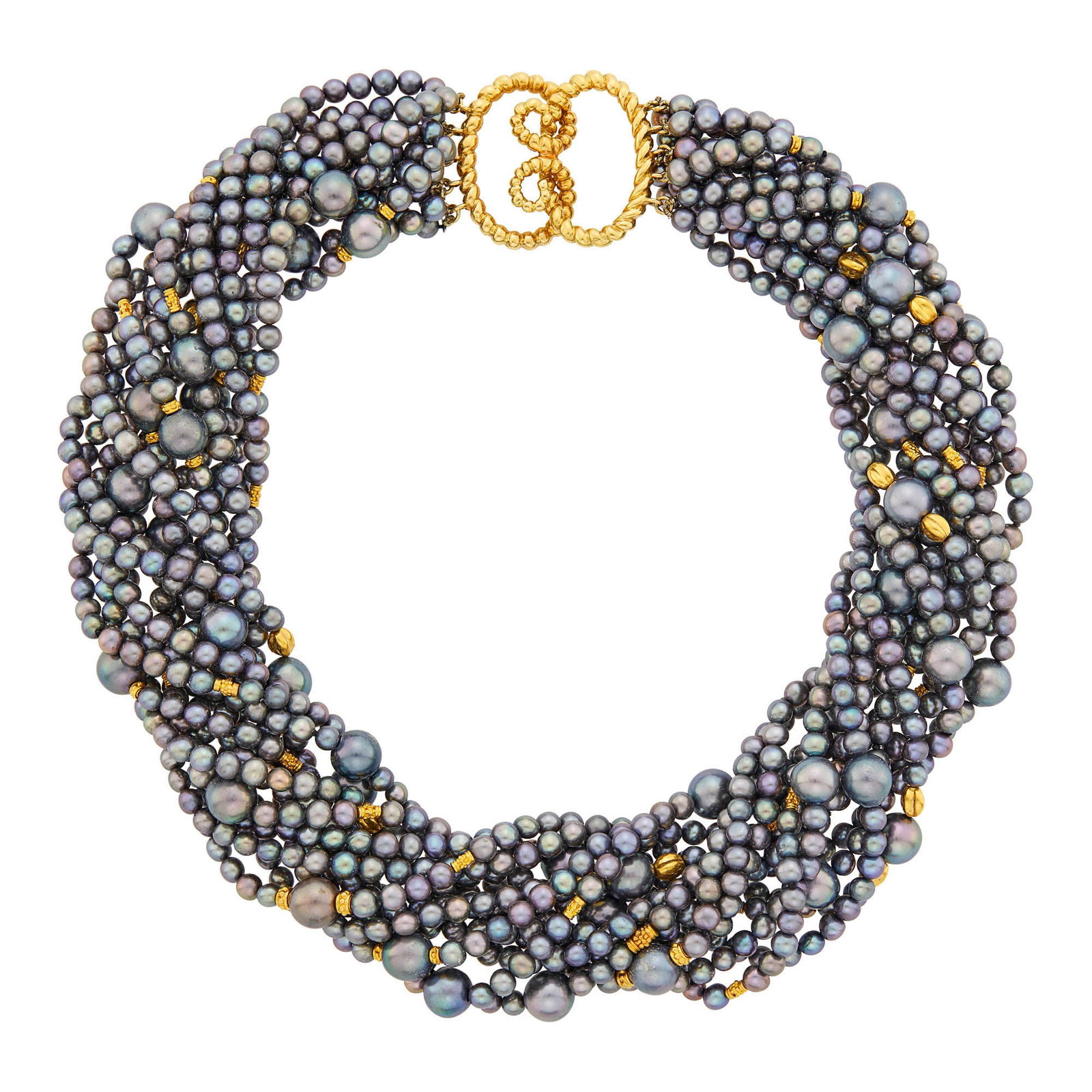 Verdura Thirteen Strand Gray Cultured Pearl and Gold Bead Torsade Necklace (1 of 1)