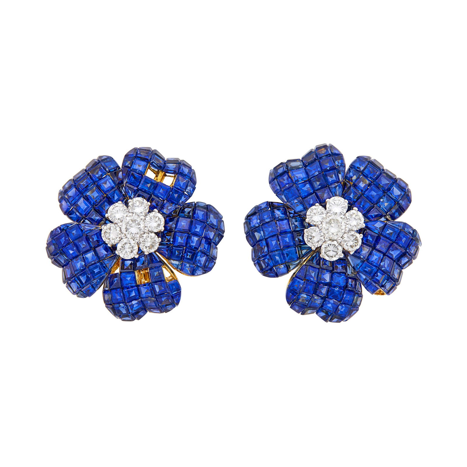 Pair of Gold, Invisibly-Set Sapphire and Diamond Flower Earclips (1 of 1)