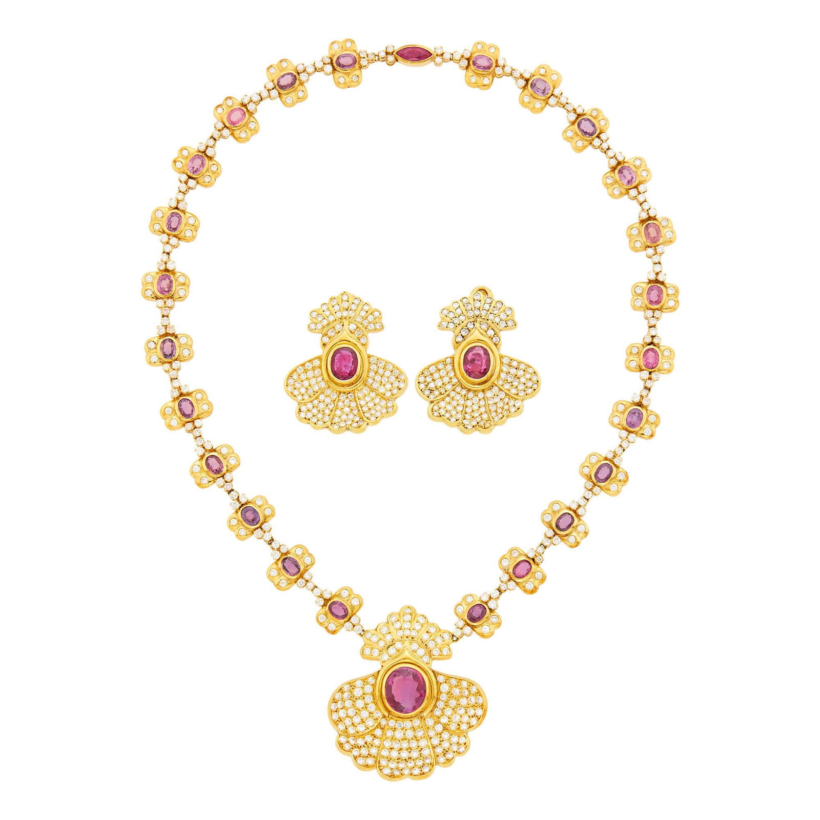 Gold, Ruby and Diamond Pendant-Necklace and Pair of Pendant-Earclips (1 of 2)