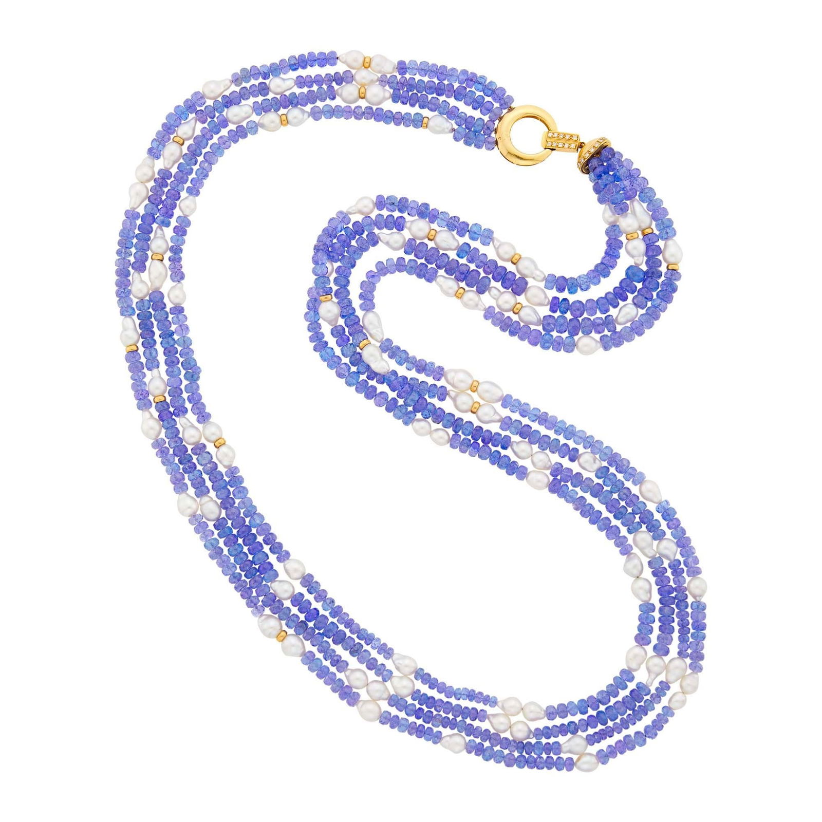 Long Four Strand Tanzanite Bead, Baroque Cultured Pearl and Gold Bead Necklace with Gold and Diamond: 18 kt., faceted tanzanite beads ap. 6.4 to 4.6 mm., vari-shaped pearls ap. 7.0 to 6.5 mm., small round diamonds. Length 30 inches. Tanzanite beads: medium violet, moderately to very included, semi-tr