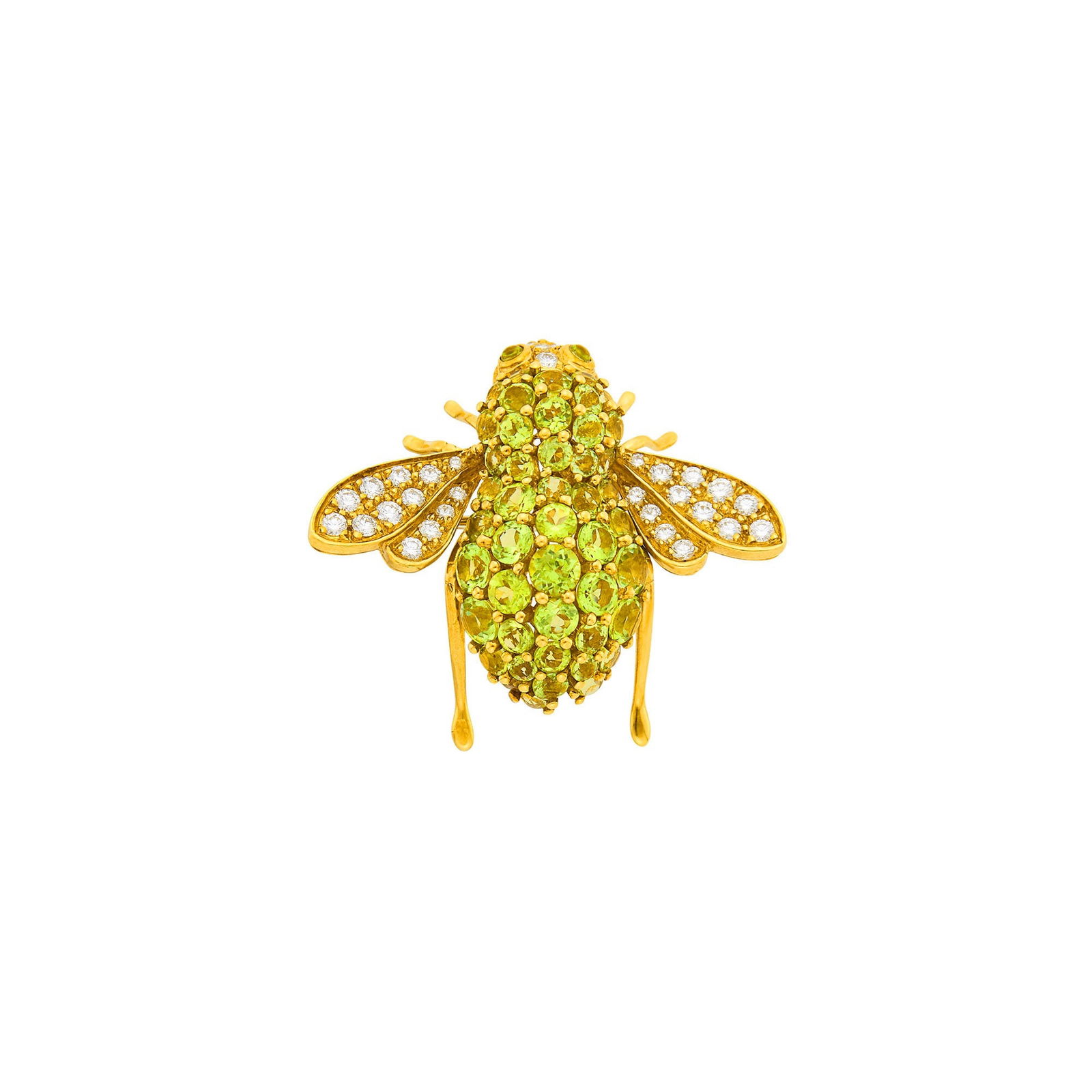 Sabbadini Gold, Peridot and Diamond Bee Pin: 18 kt., round peridots, round cabochon peridot eyes, 30 round diamonds ap. .60 ct., signed Sabbadini, ap. 6.6 dwts. Peridots: bright medium light to medium yellowish green, cleanish, very lively. Per