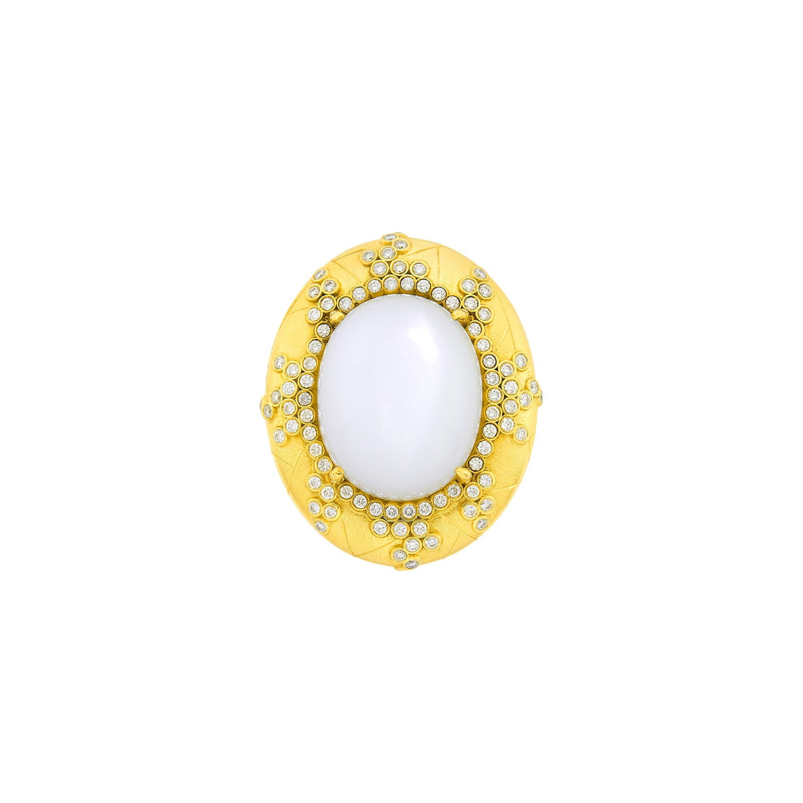 Gold, Moonstone and Diamond Ring: 18 kt., one oval cabochon moonstone ap. 19.5 x 15.8 x 10.4 mm., small round diamonds, with maker's mark, ap. 16.7 dwts. gross. Size 7. Moonstone: milky gray with white adularescence, good
