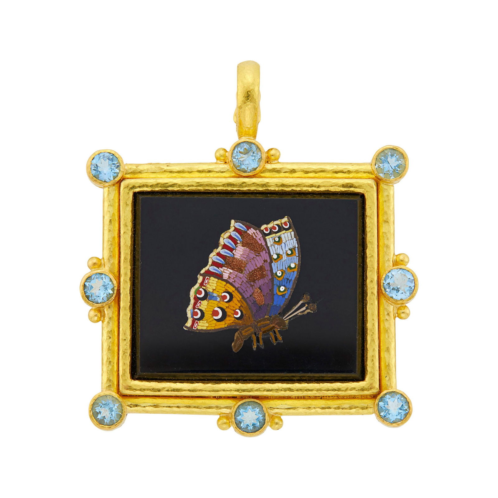 Elizabeth Locke Hammered Gold, Black Onyx, Micromosaic and Aquamarine Pendant: 19 kt., one rectangular black onyx ap. 35.0 x 29.0 mm., multicolored tesserae butterfly, 8 round aquamarines, with maker's mark, ap. 27 dwts. gross. Tesserae in good condition.Aquamarines: vivid sky