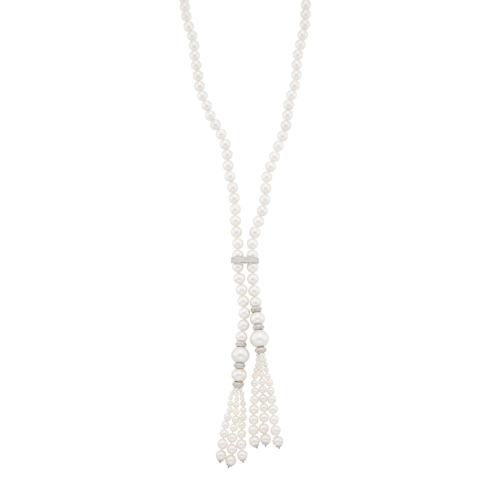 Long Cultured and South Sea Cultured Pearl, White Gold and Diamond Lariat Tassel Necklace: 18 kt., 88 pearls ap. 9.4 to 9.0 mm., 4 South Sea pearls ap. 15.0 to 12.0 mm., two triple strand fringes ap. 8.4 to 3.6 mm., six diamond-set rondels and bar clasp. Length 27 1/2 inches, adjustable, 
