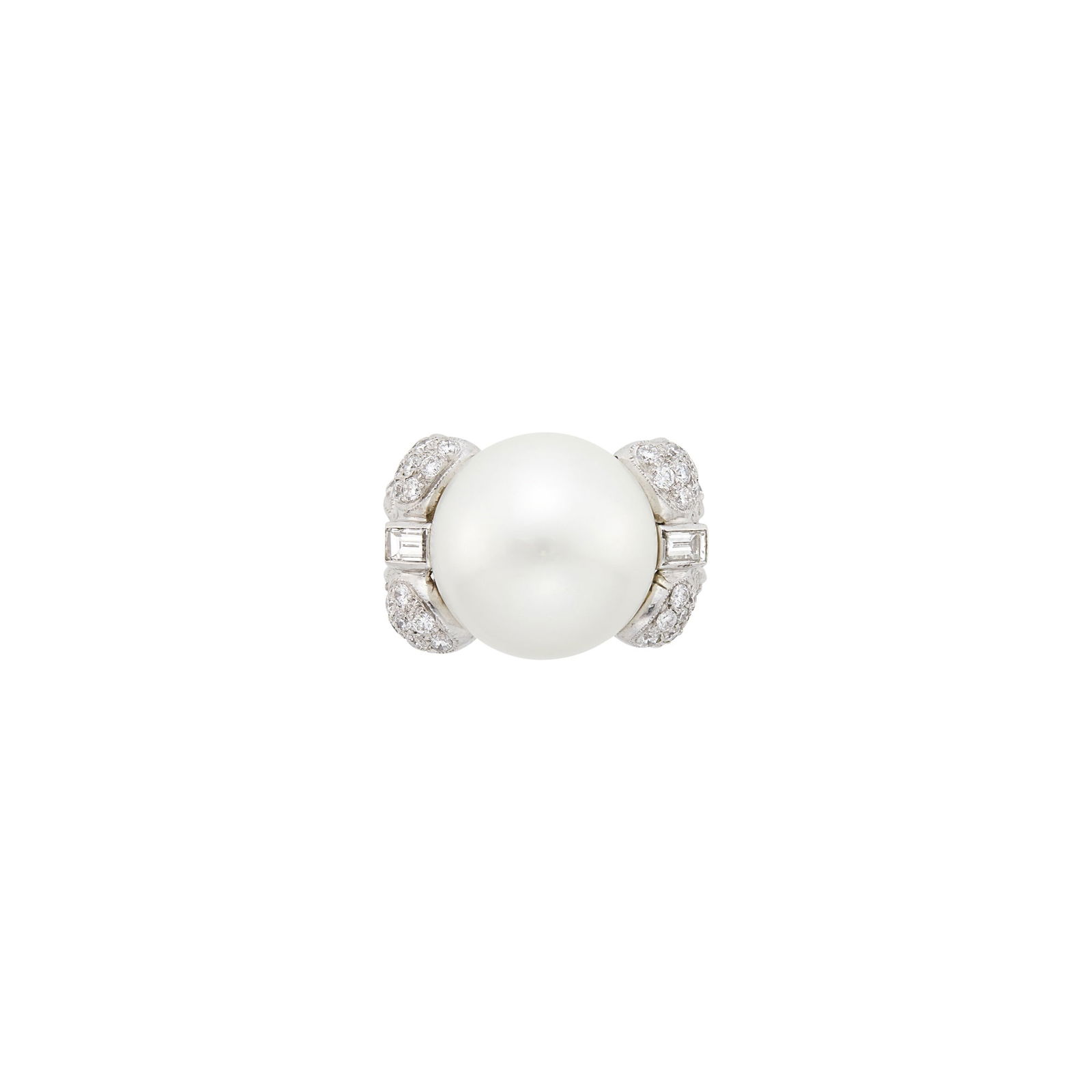 White Gold, South Sea Cultured Pearl and Diamond Ring: 18 kt., one pearl ap. 15.6 mm., 40 round and 2 baguette diamonds ap. 1.25 cts., ap. 9.8 dwts. gross. Size 7 1/2. Pearl: white with faint greenish overtone, several dimples to the side edge, minor