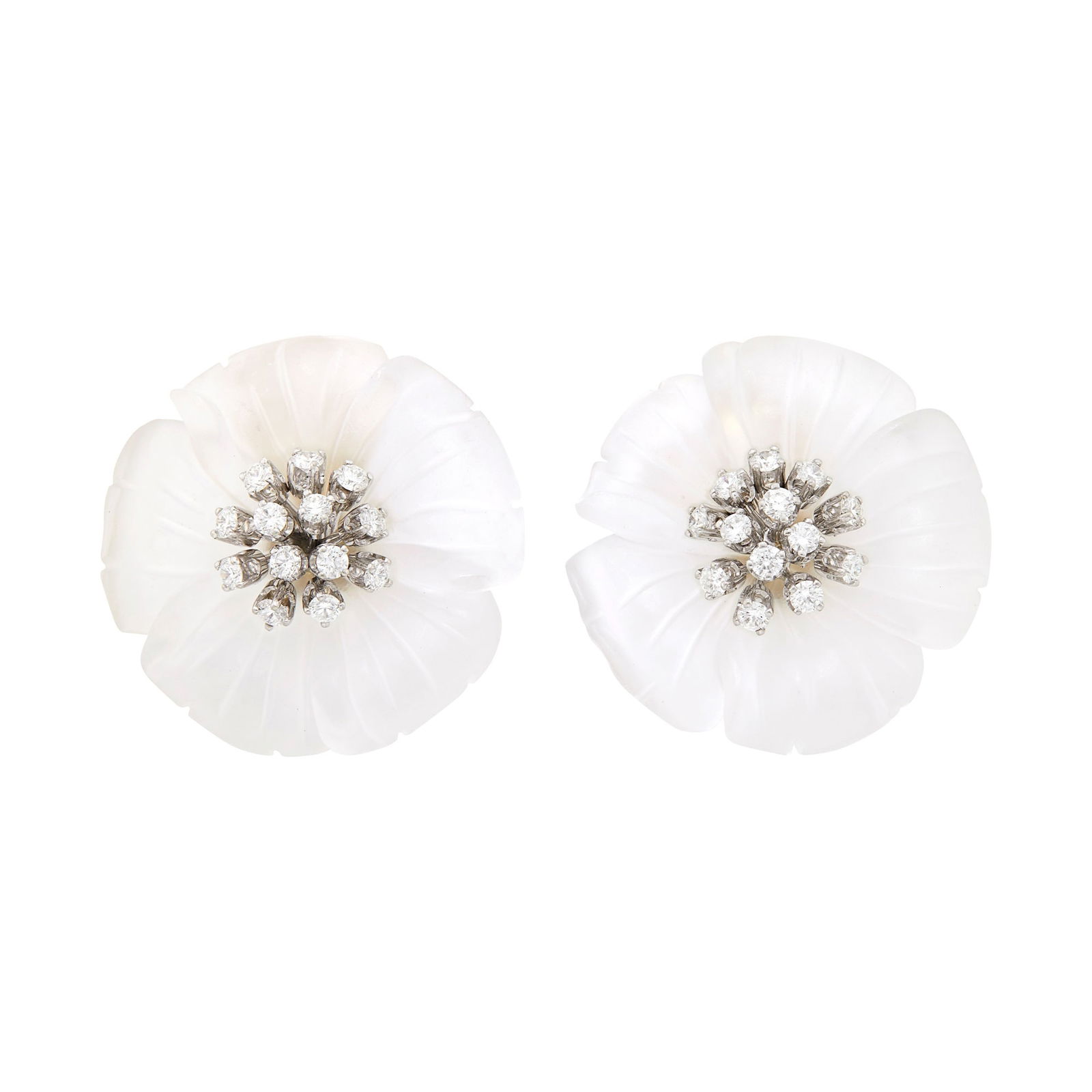 Aletto Brothers Pair of Two-Color Gold, Carved Frosted Rock Crystal and Diamond Flower Earclips: 18 kt. white and yellow gold, two carved frosted rock crystal flowers, 24 round diamonds weighing 1.50 cts., weight inscribed, signed Aletto Bros., USA. Diamonds: G-H-I-VS.Clip-backs. Diameters 1