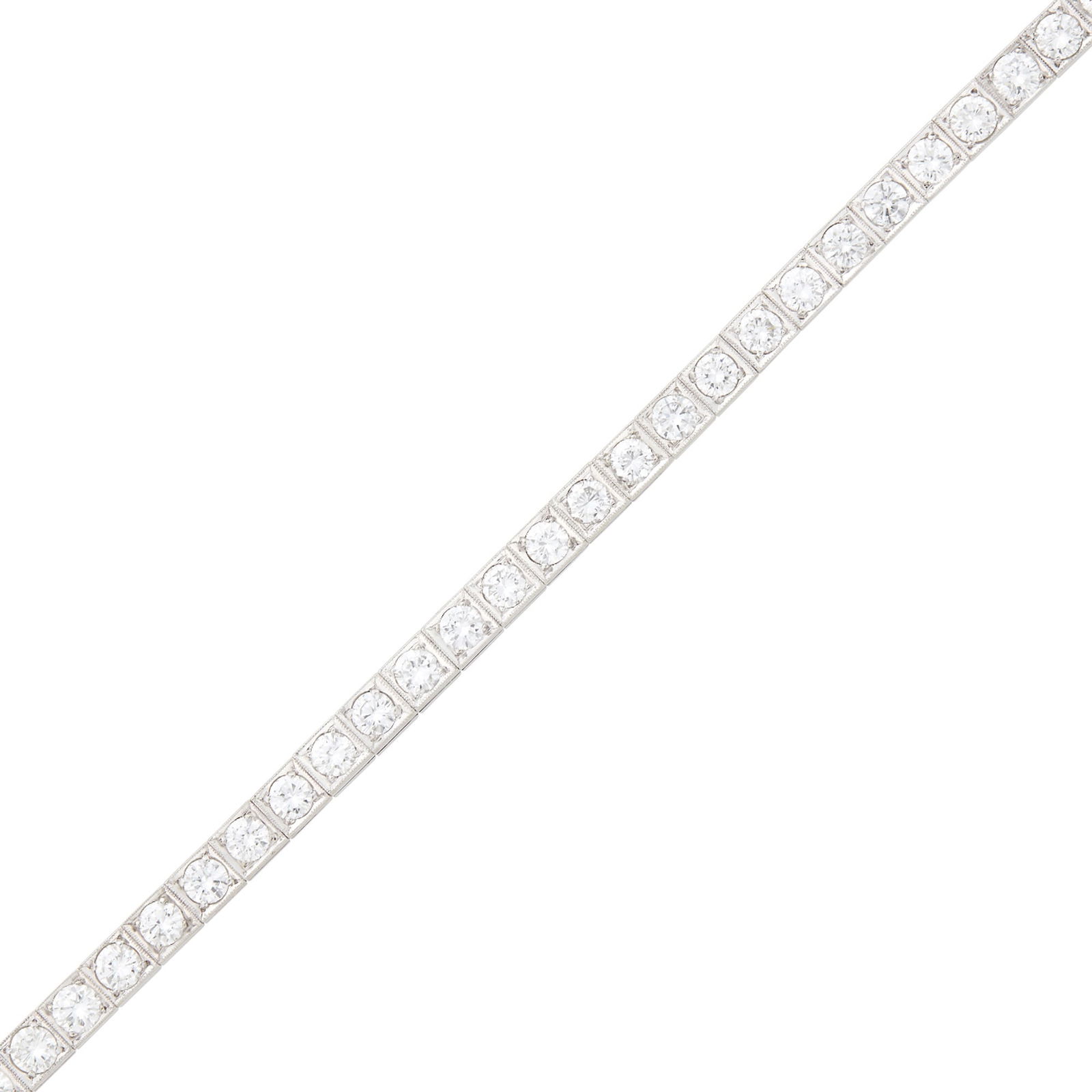 Palladium and Diamond Bracelet: 33 round diamonds ap. 6.60 cts., ap. 8.4 dwts. Length 6 1/2 inches. Diamonds: G-H-I-VS, several SI.One textured box link at end. Width 3/16 inch.