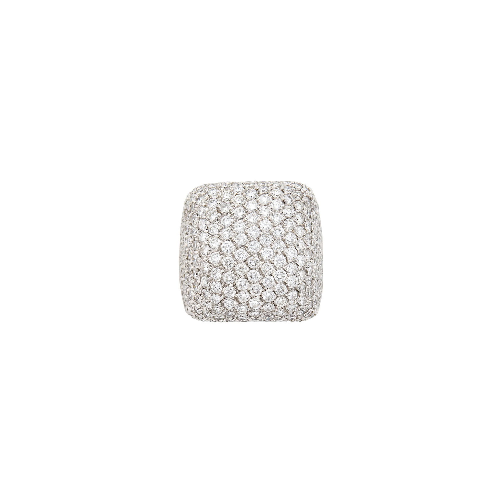 White Gold and Diamond Ring: 18 kt., round diamonds ap. 6.00 cts., signed Italy, with maker's mark and Italian assay mark, ap. 16.4 dwts. Size 7 1/2. Diamonds: H-I-VS.Width 13/16 inch.