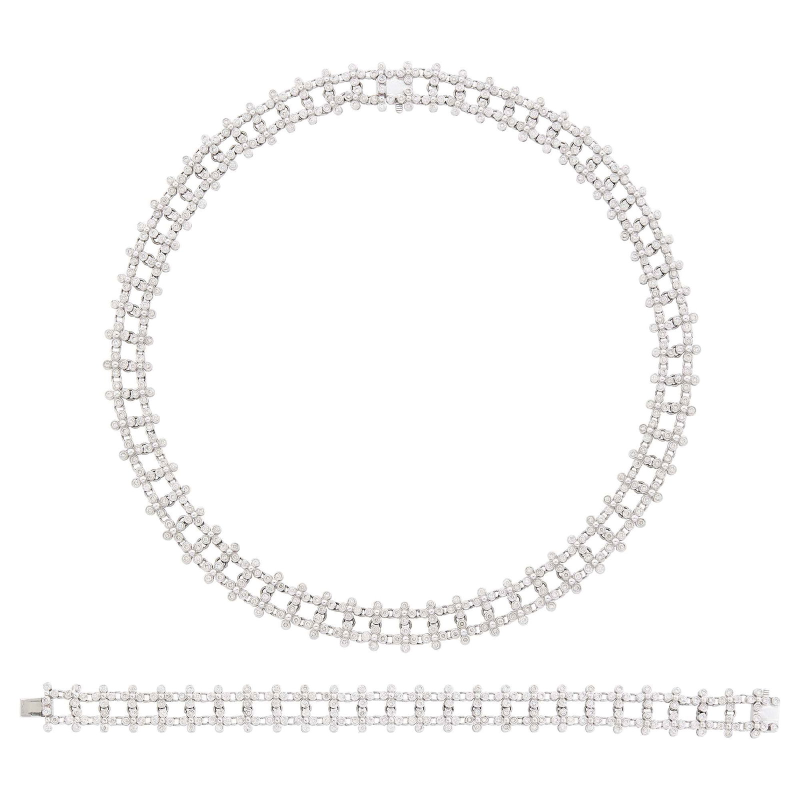 White Gold and Diamond Necklace and Bracelet: 18 kt., the necklace of round diamonds weighing 7.61 cts., the bracelet of round diamonds weighing 2.62 cts., weights inscribed, approximately 60 dwts. Lengths 16 1/2 and 6 7/8 inches. Diamonds: