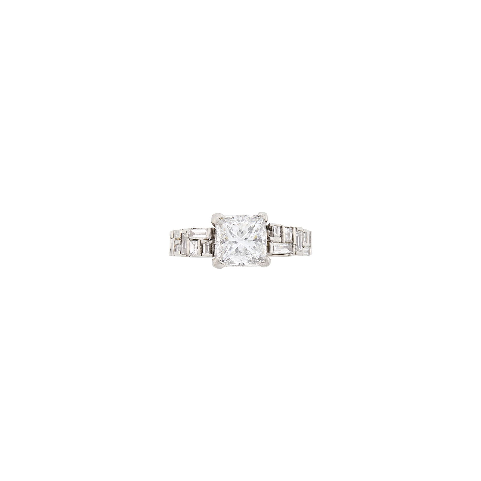 Platinum and Diamond Ring: One square modified brilliant diamond weighing 2.62 cts., 16 baguette diamonds ap. .80 ct., ap. 7 dwts. Size 6 3/4. With GIA report no. 5231862939 stating E color, VS1 clarity. Report dated March 25,