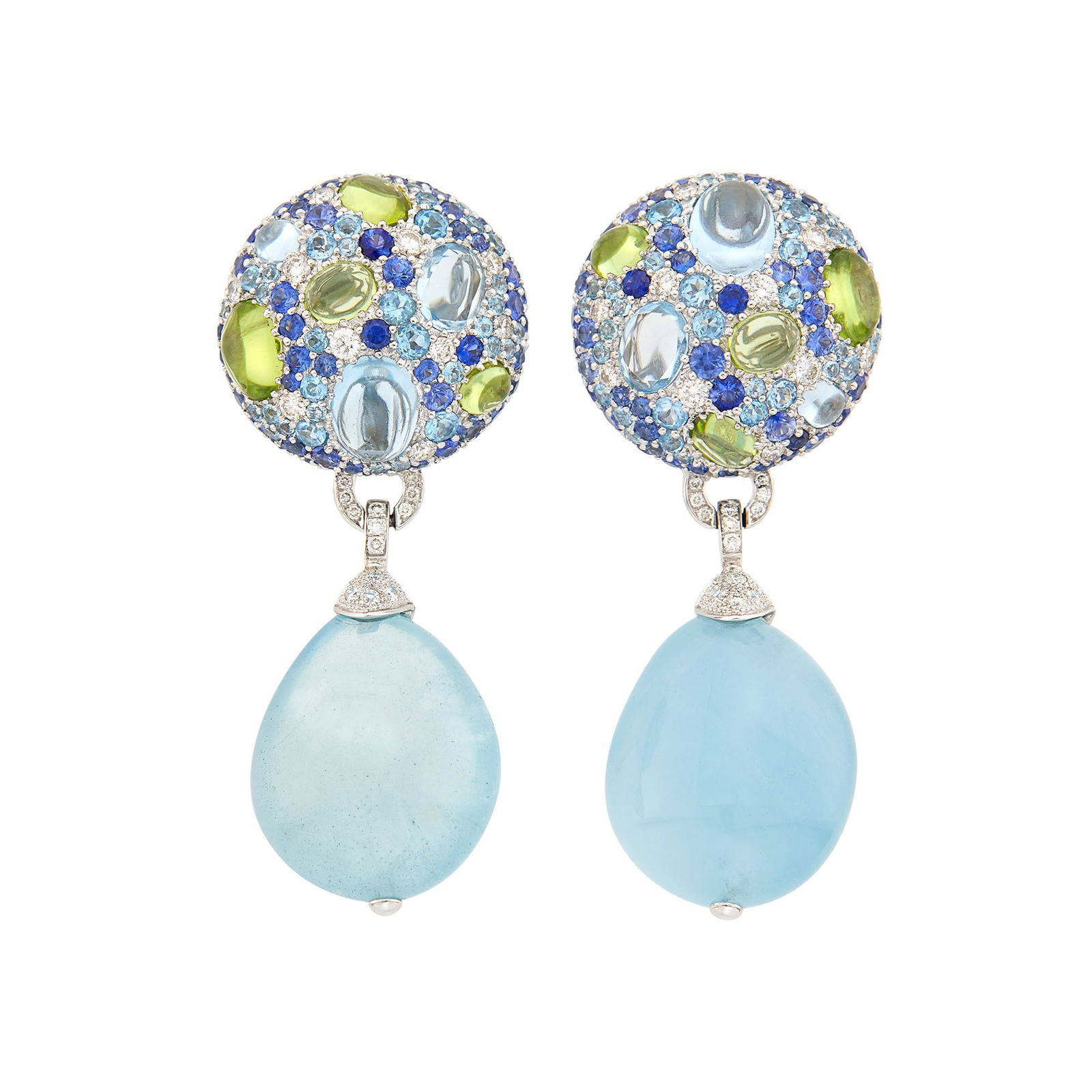 Margot McKinney Pair of White Gold, Gem-Set, Diamond and Aquamarine Bead Pendant-Earclips: 18 kt., round sapphires and blue topaz, 2 oval cabochon blue topaz, 12 oval cabochon peridots, small round diamonds, 2 drop-shaped aquamarine beads ap. 21.0 x 17.0 x 12.6 mm., with maker's mark, ap.