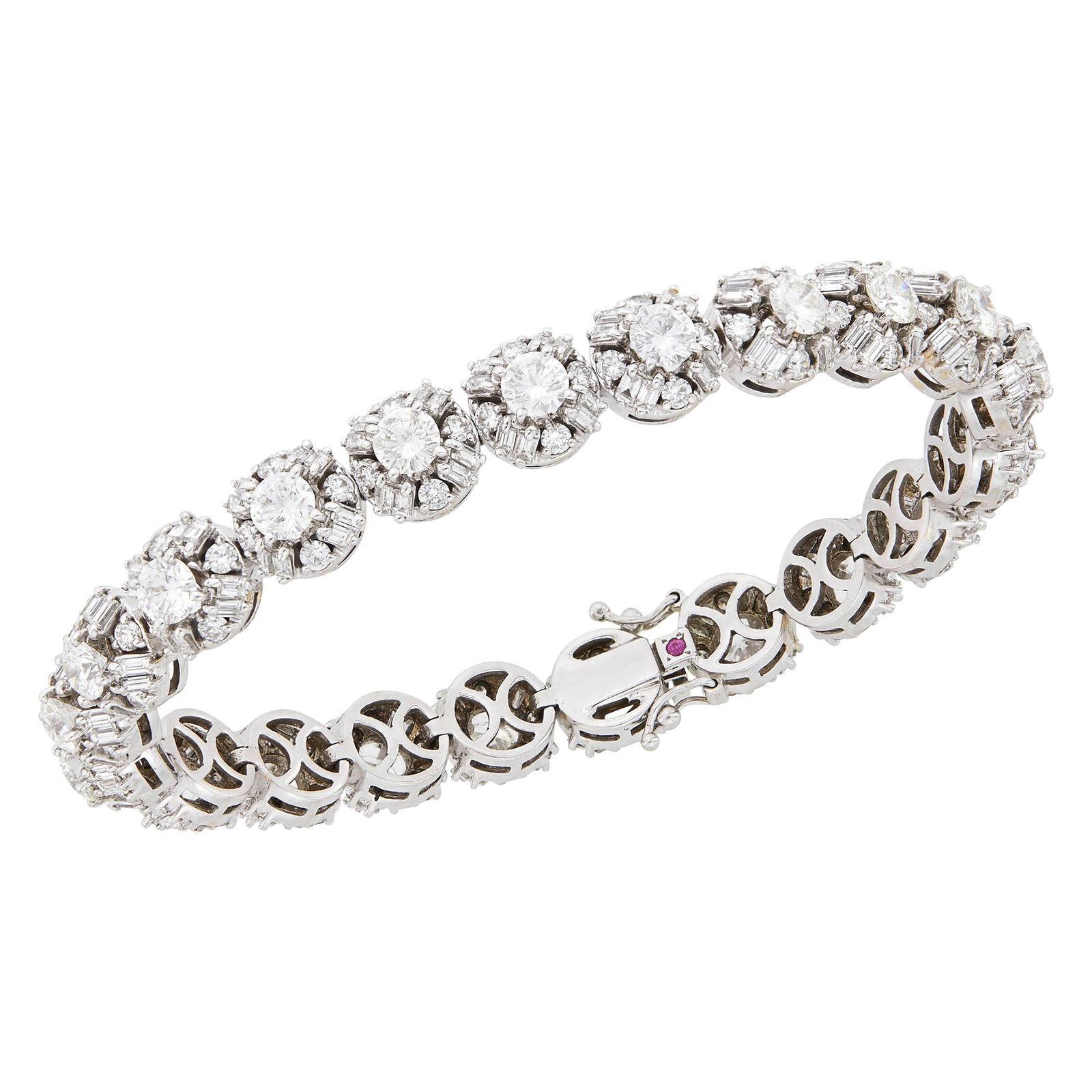 Roberto Coin White Gold and Diamond Bracelet: 18 kt., 21 round diamonds ap. 7.85 cts., 84 round and 168 baguette diamonds ap. 8.65 cts., with round ruby maker's mark and Italian assay mark, ap. 26.4 dwts. Length 7 inches. Diamonds: