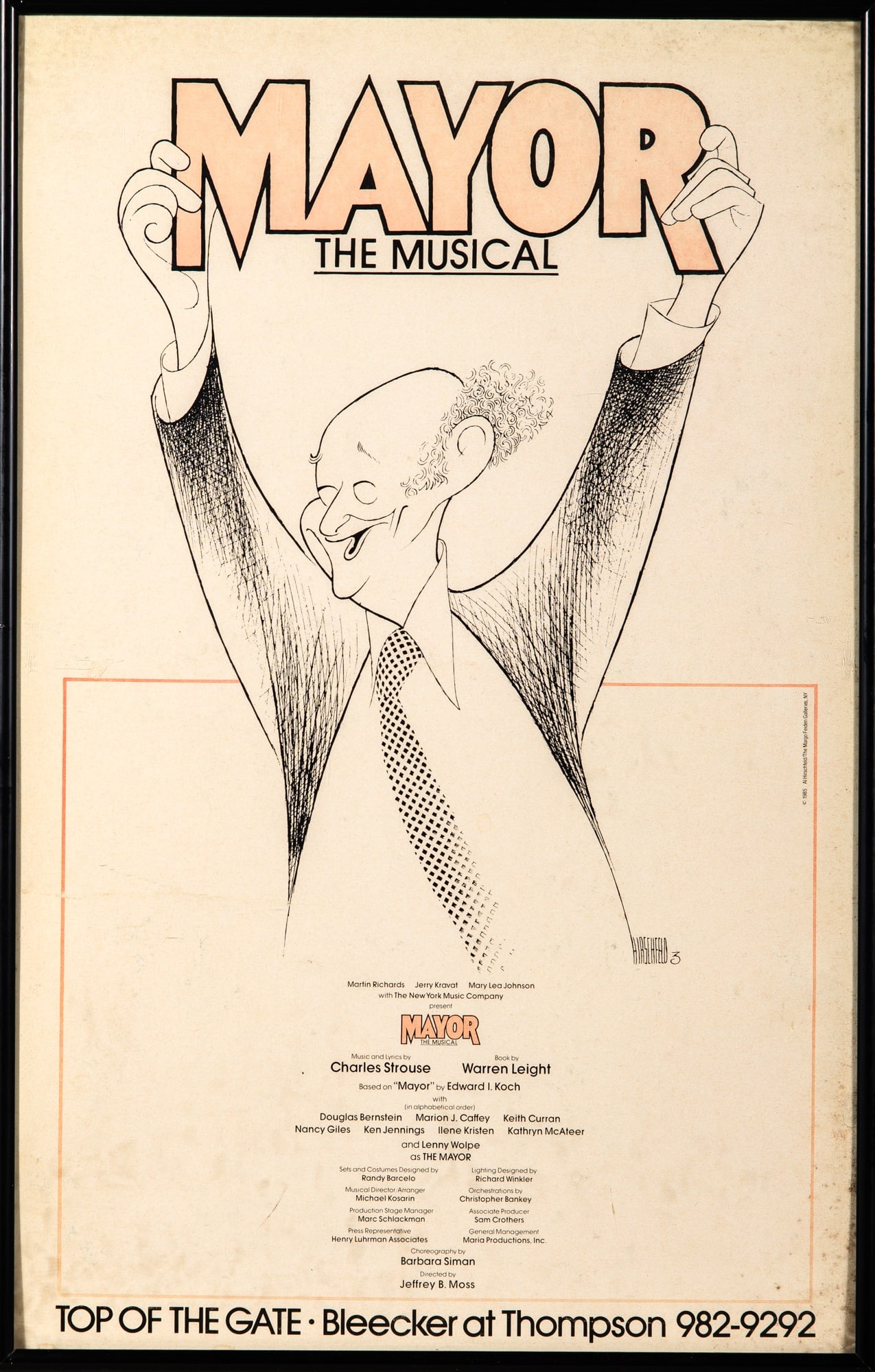 Original poster for Mayor the musical, with the book signed by Ed Koch: CHARLES STROUSE; EDWARD KOCHOriginal poster for Mayor The Musical. New York: 1985. Measures 22 x 18 inches. Some dust soiling to extremities, else fine; Together with Mayor. New York: Simon and