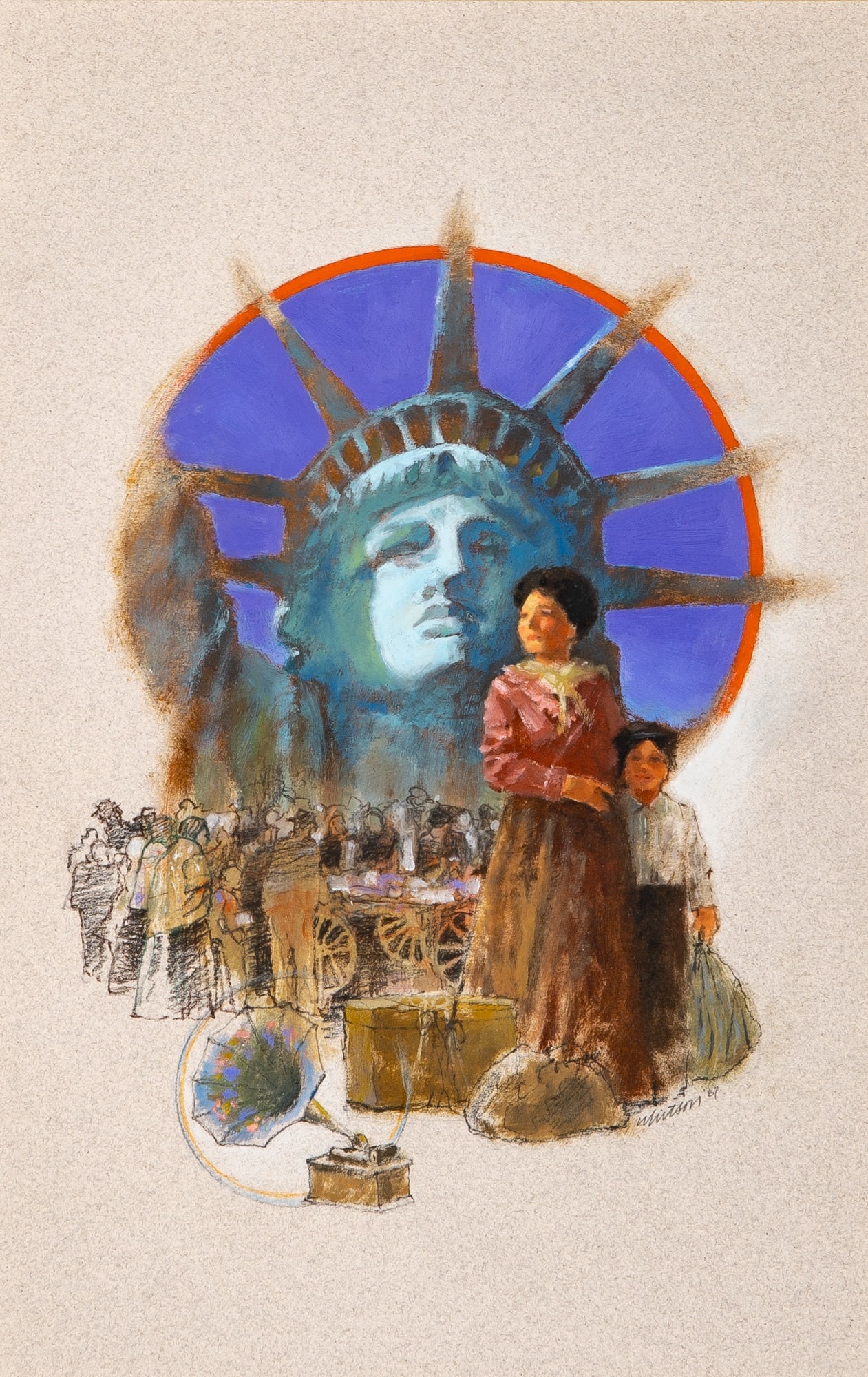 An original painting for Rags: [CHARLES STROUSE]An original painting, possibly intended as an concept art or a program illustration for Rags. Signed Whitson(?), dated 1987. Depicting the Statue of Liberty above a mother and son