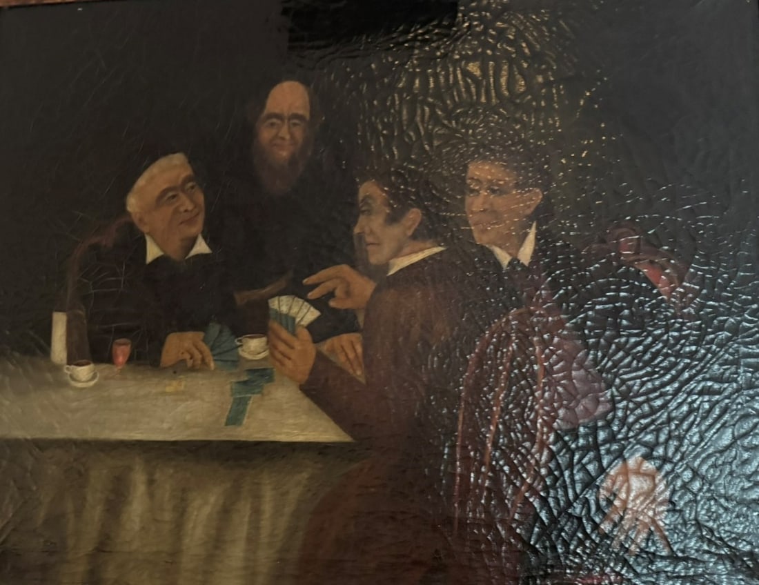 19th Century School: Men Playing CardsOil on canvas26 1/2 x 39 inches (67.3 x 99.1 cm) (Framed 31 x 38 1/2 inches)