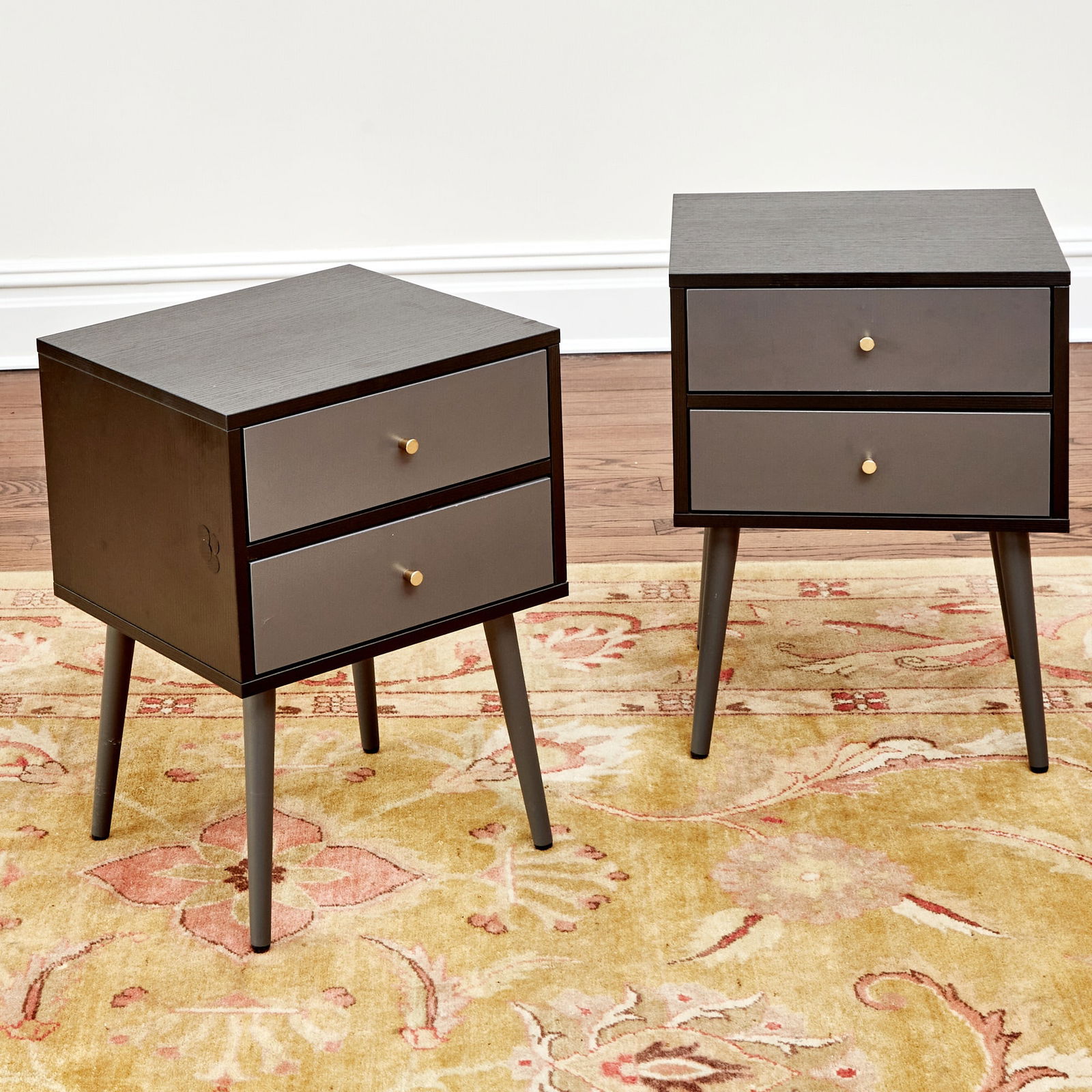 Pair of Modern Bedside Tables: Height 22 inches, width 16 inches, depth 14 inches. generally good condition; one with veneer lifting and minor scratches