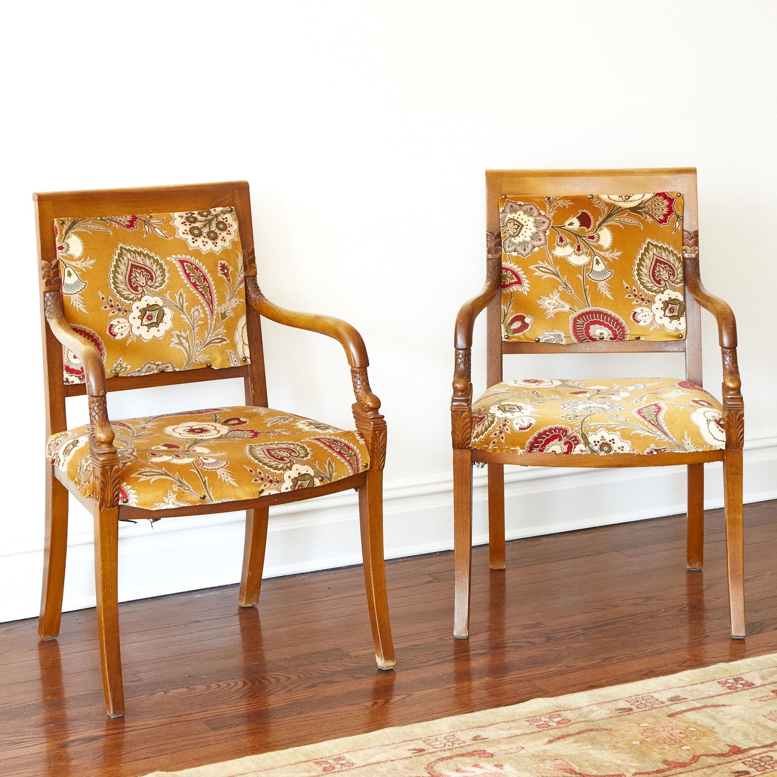 Pair of Empire Style Velvet Upholstered Walnut Armchairs (1 of 2)