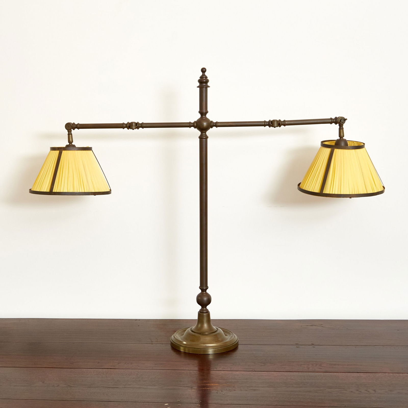 Large Metal Adjustable Double Student Lamp: Height 33 1/2 inches, width 42 inches, depth 10 inches. bending to metal frame for shades