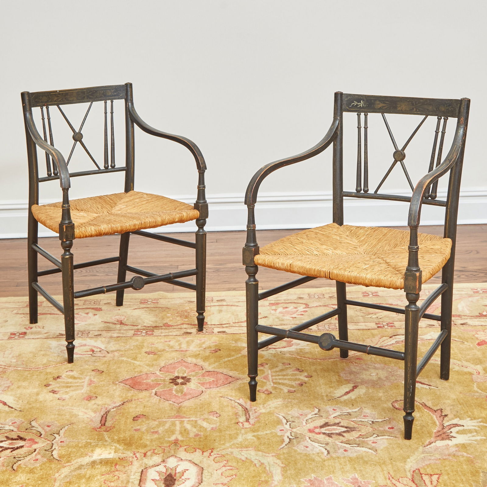 Pair of George III Style Painted Rush Seat Side Chairs (1 of 2)