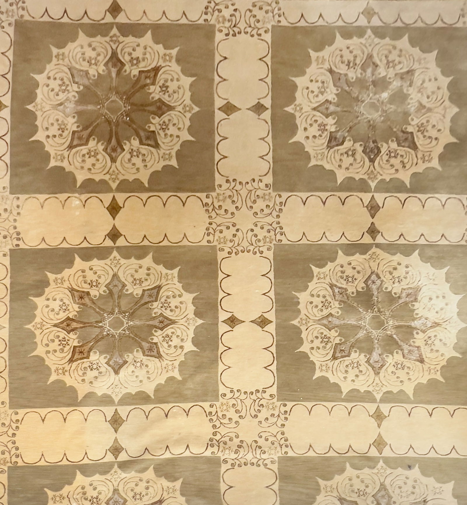 Wool and Silk Tibetan Carpet: Nepal, Contemporary Two columns of three circular medallions in rectangular panels are within a taupe outer stripe border. (12' 3" x 8' 9")