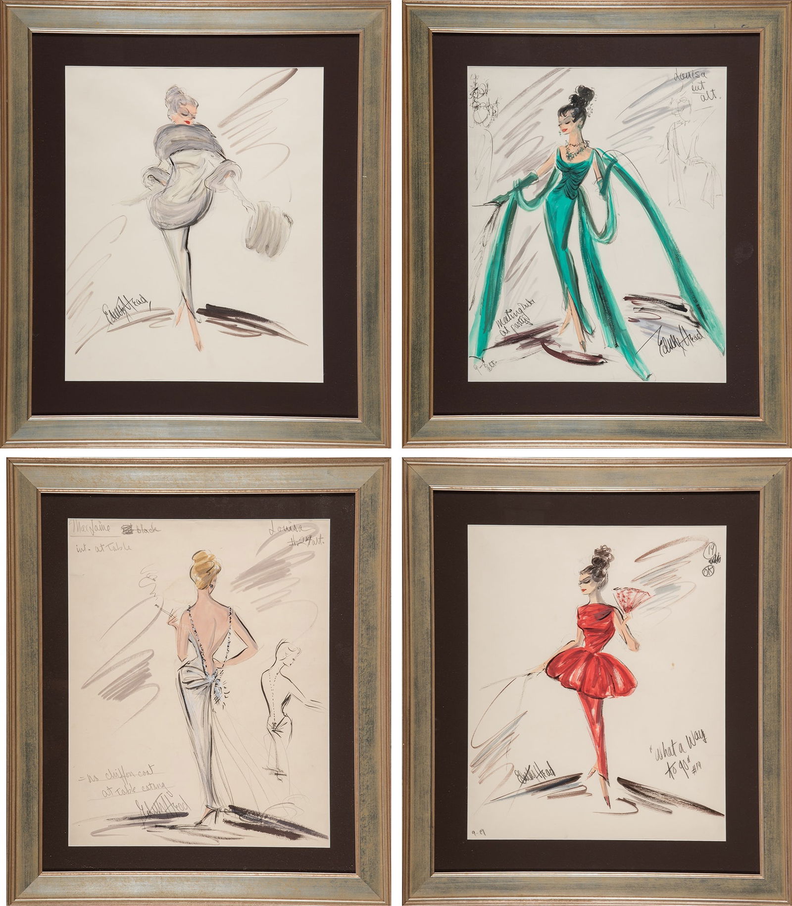 Ten original Edith Head costume sketches for Shirley MacLaine in What a Way to Go: EDITH HEAD Remarkable group of ten original costume sketches for Shirley MacLaine in What a Way to Go. 20th Century Fox, 1964. Original ink, pencil and gouache sketches on paper, most with annotations