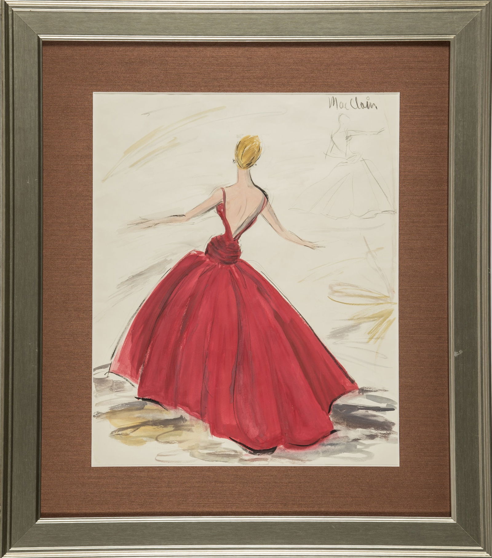 Edith Head's backless gown design for Shirley MacLaine's first Oscar nomination: EDITH HEAD Original sketch for the gown worn by Shirley MacLaine at the 1959 Academy Awards when nominated for Some Came Running. Original ink, pencil and gouache sketch on paper, annotated at upper r
