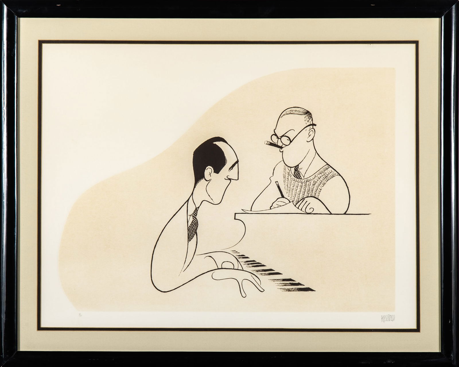 Hirschfeld presents George and Ira Gershwin: AL HIRSCHFELD George and Ira Gershwin. Etching, 1990, signed in pencil lower right and numbered 67/17 at lower left. 19 x 24 inches (48 x 60 cm); framed. Fine. Acquired from the Margot Feiden Gallery.