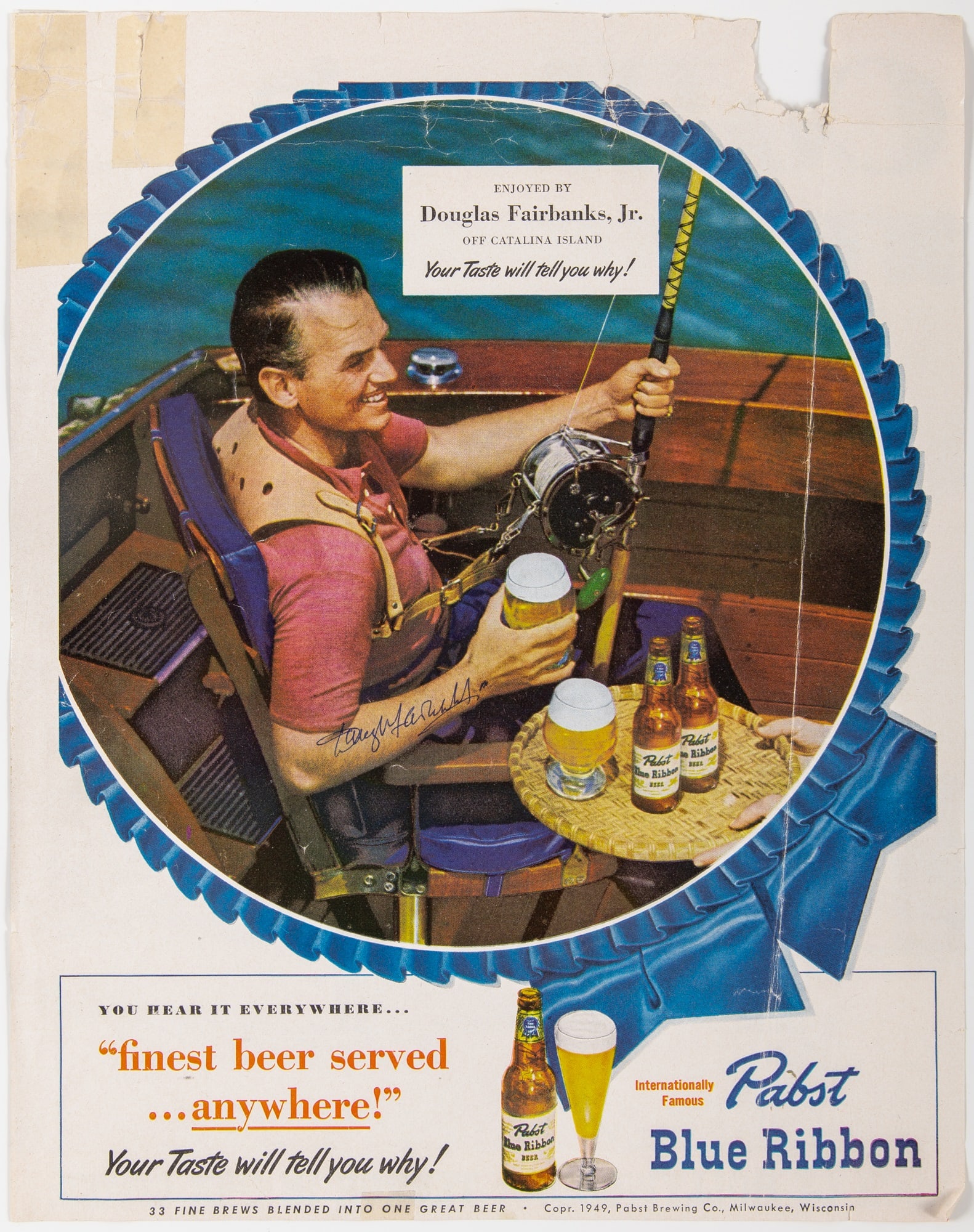 A Douglas Fairbanks, Jr. signed Pabst advertisement: DOUGLAS FAIRBANKS, Jr. Signed Pabst Blue Ribbon ad
