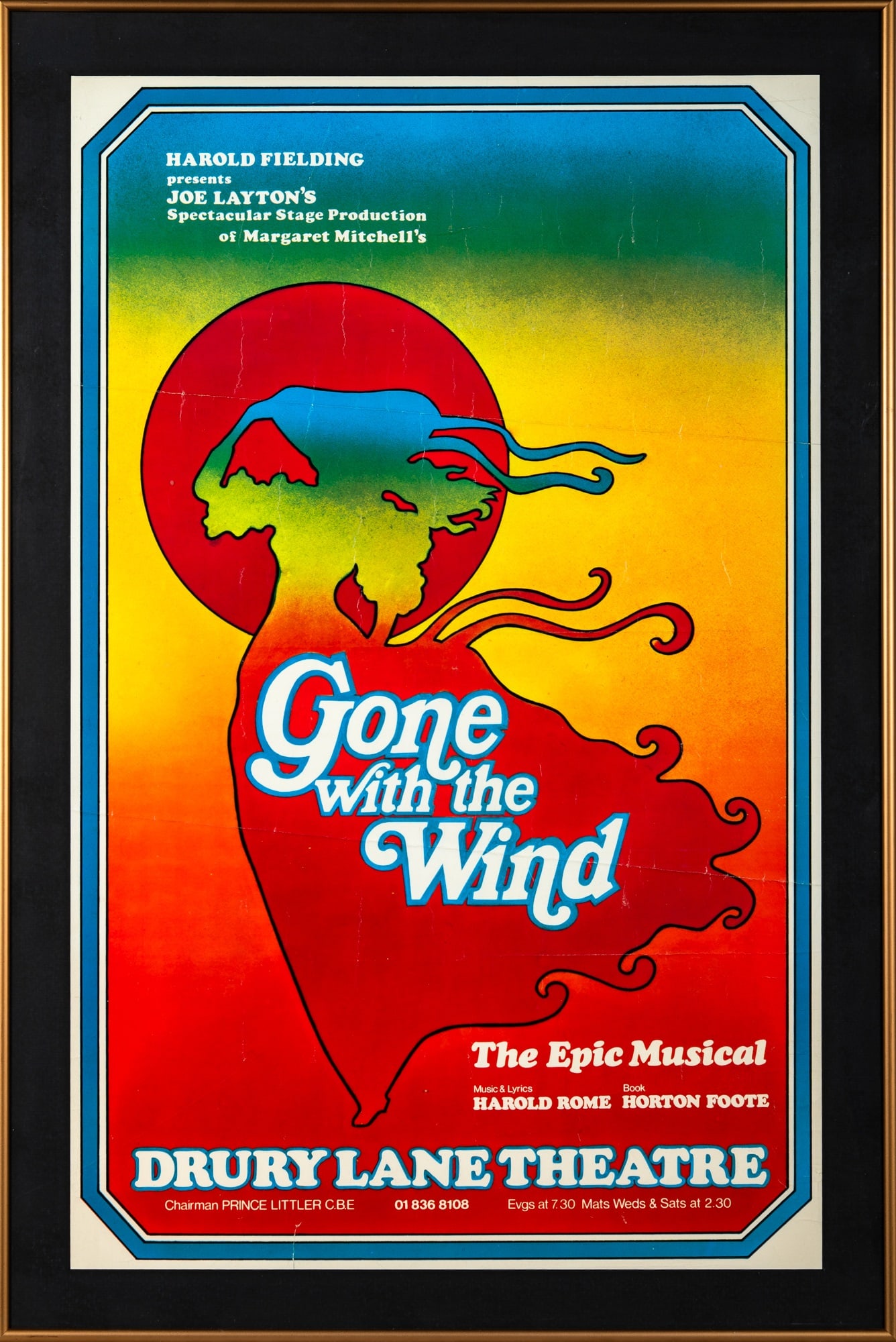 Gone With The Wind film poster: [FILM POSTER] Gone With The Wind. Drury Theatre, [1972]. Lithograph poster. Matted and framed. 30 x 18 1/2 inches (76 x 47 cm), in frame 33 1/2 x 22 1/2 inches (85 x 57 cm). Creasing throughout image,