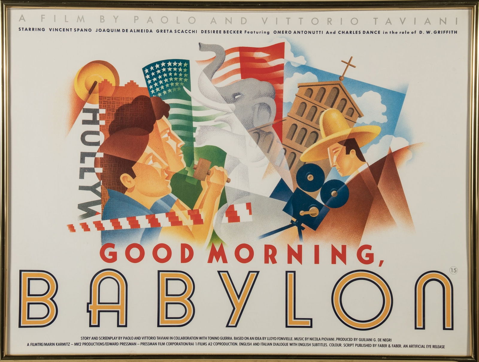 Goodbye Babylon film poster: [FILM POSTER] Good Morning, Babylon. 1987. Lithograph poster. Framed. 30 x 39 1/2 inches (76 x 100 cm), in frame 31 x 41 inches (79 x 104 cm). Fine.