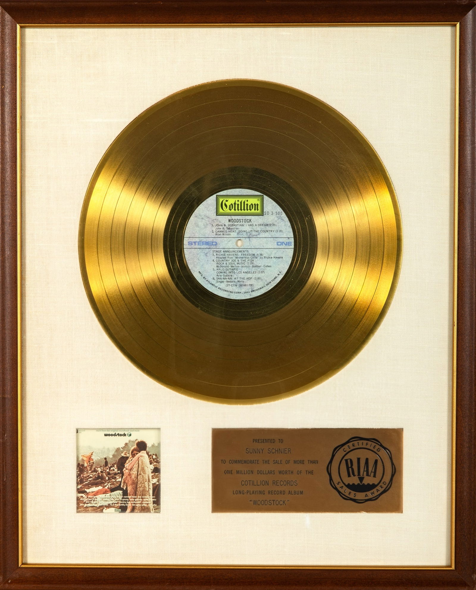 Woodstock Gold Record presented to Sunny Schnier (1 of 1)