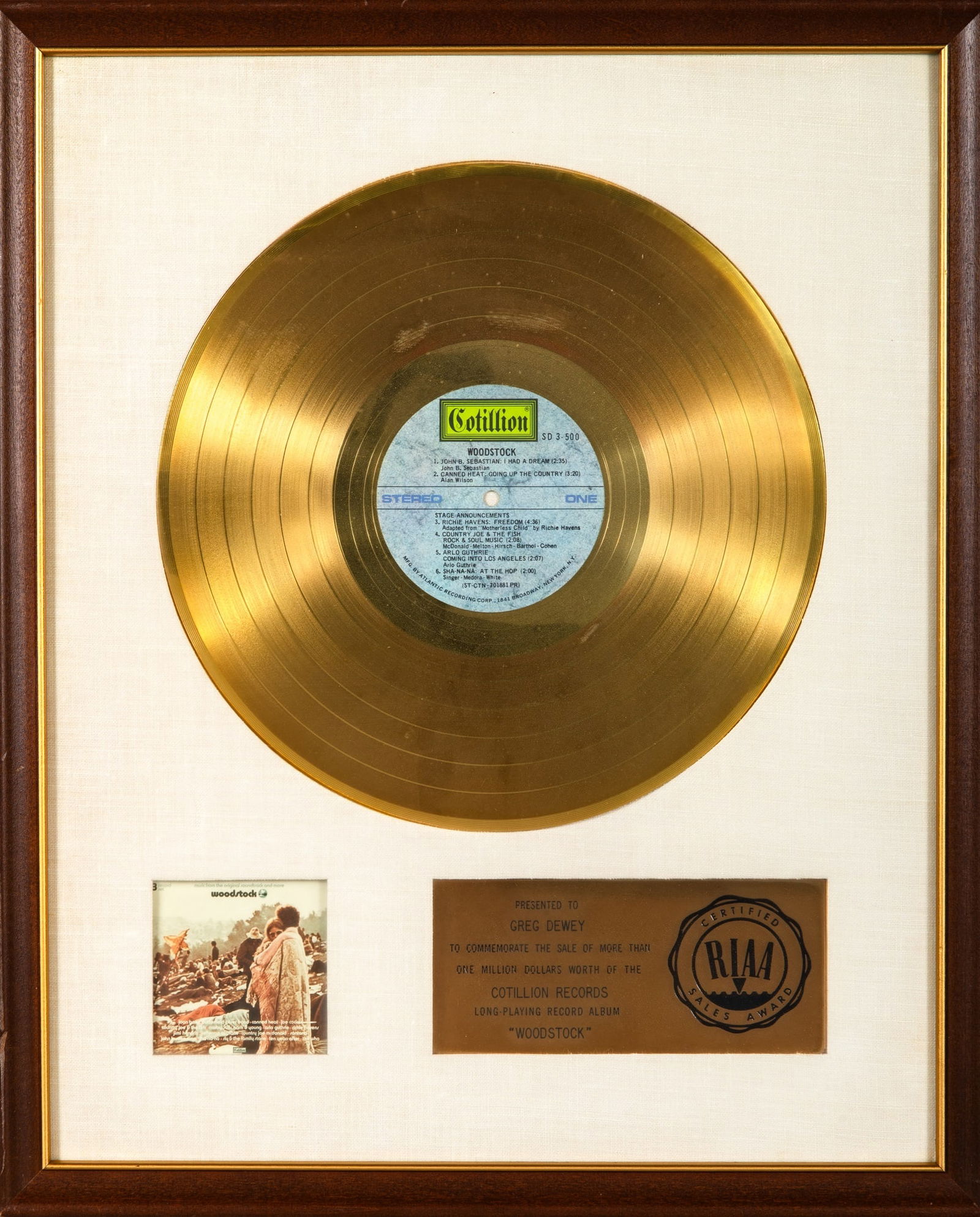 Woodstock Gold Record presented to Greg Dewey (Country Joe and the Fish drummer) (1 of 1)