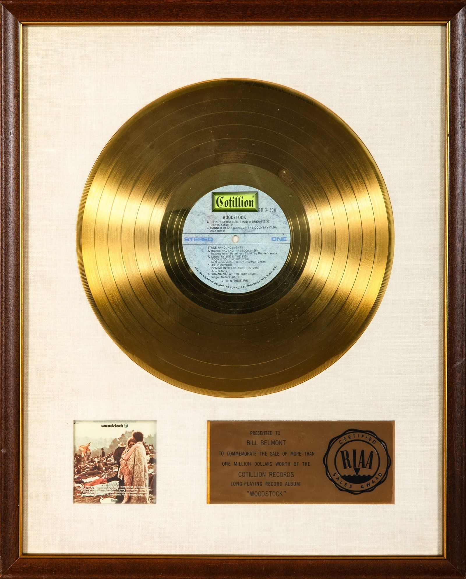 Woodstock Gold Record presented to Bill Belmont (Country Joe and the Fish tour manager) (1 of 1)