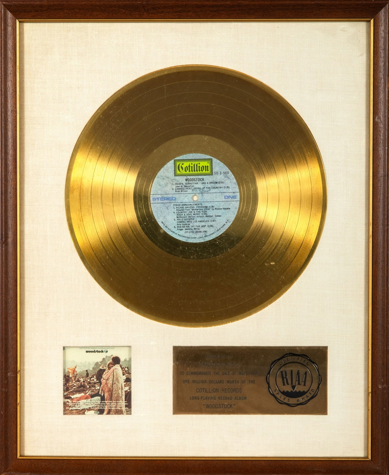 Woodstock Gold Record presented to Tradition Music (1 of 1)
